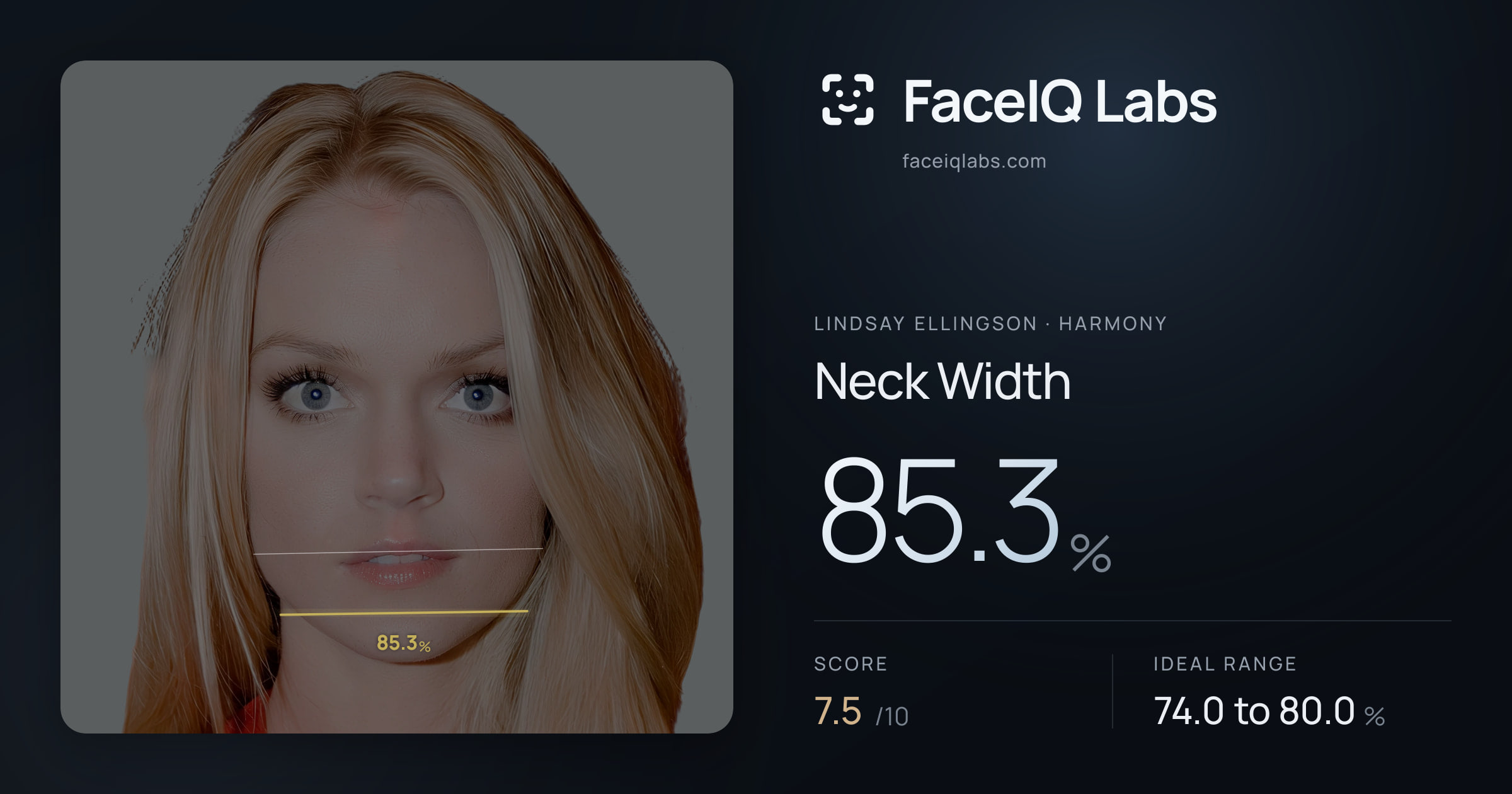 Lindsay Ellingson Neck Width: 85.3%, drawn on the photo