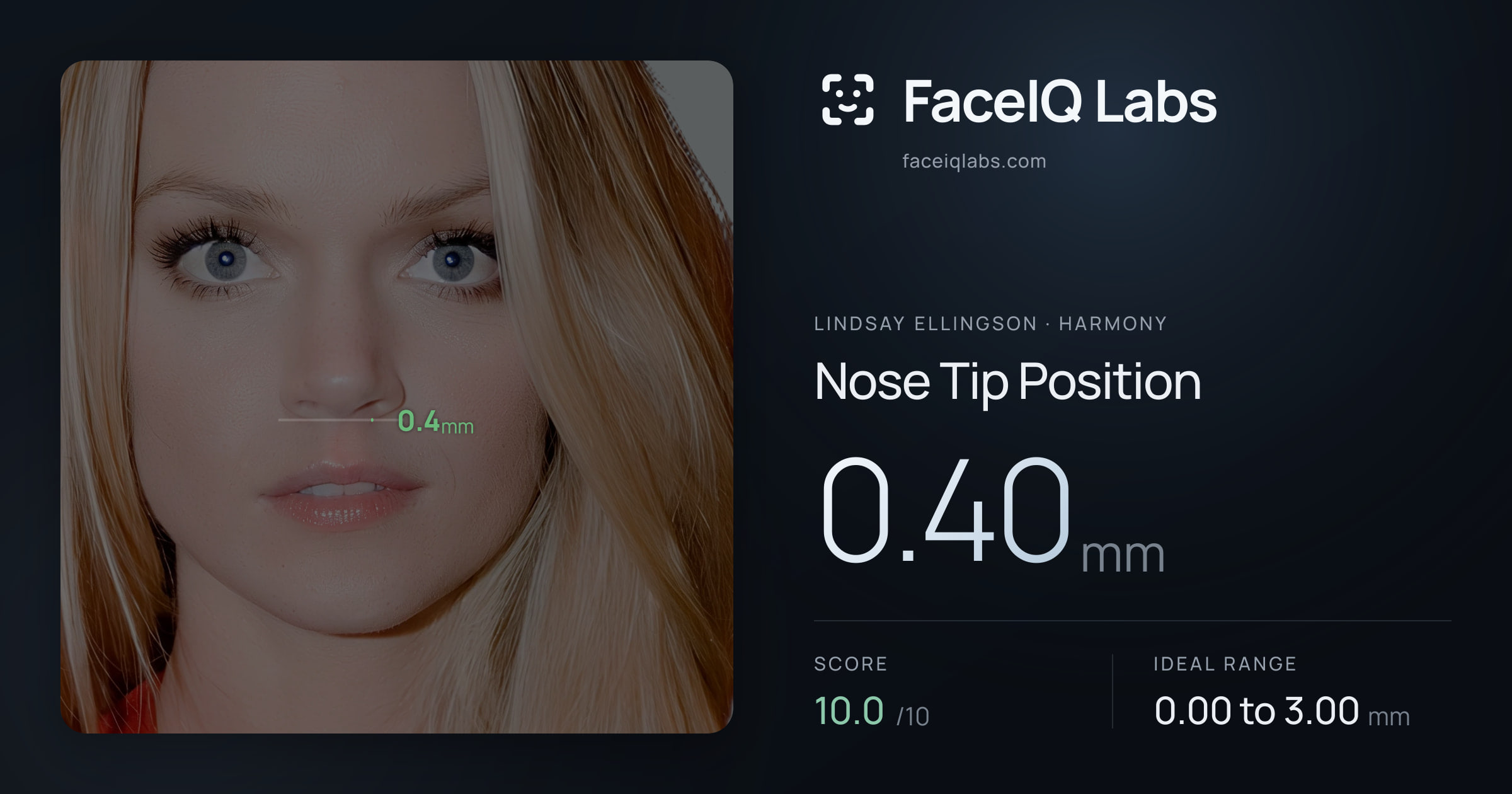 Lindsay Ellingson Nose Tip Position: 0.40mm, drawn on the photo