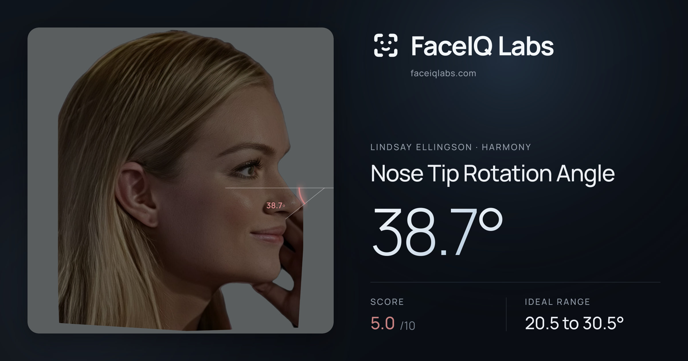 Lindsay Ellingson Nose Tip Rotation Angle: 38.7°, drawn on the photo