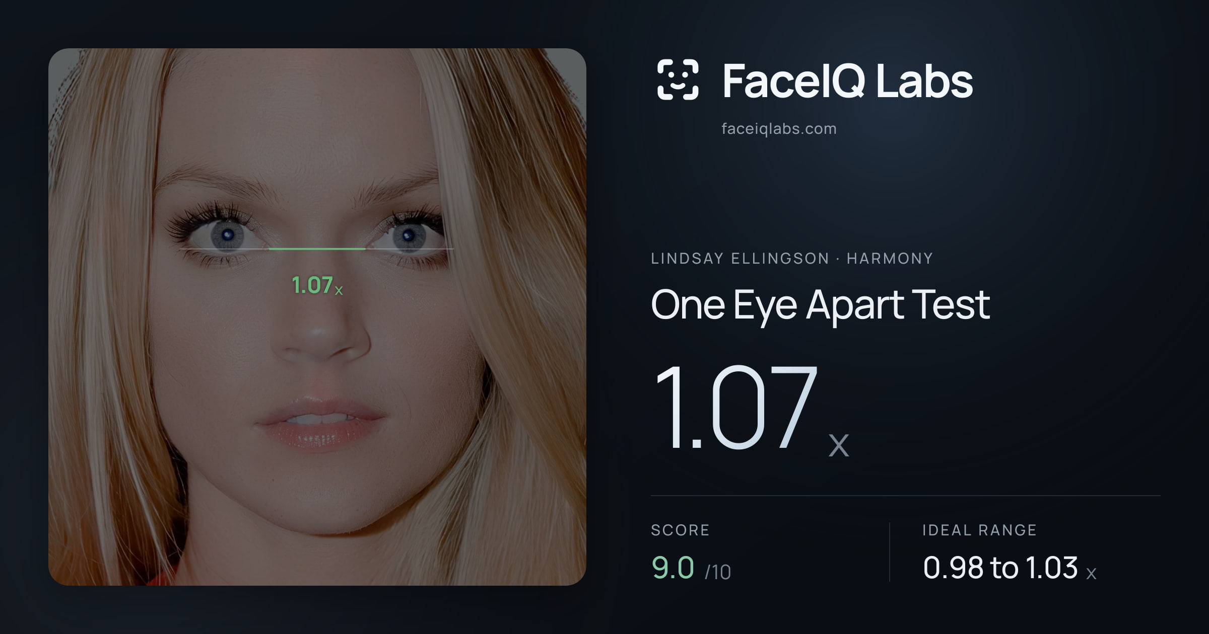 Lindsay Ellingson One Eye Apart Test: 1.07x, drawn on the photo