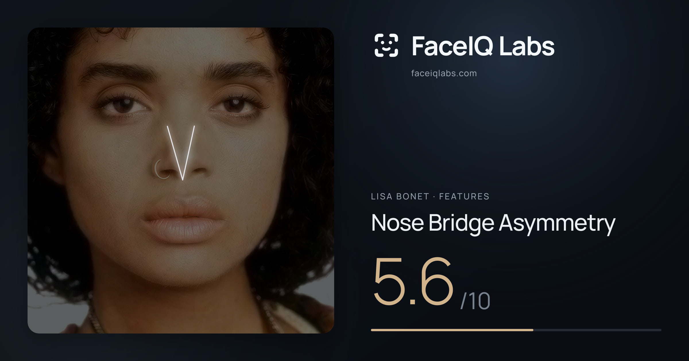 Lisa Bonet Nose Bridge Asymmetry: 5.6/10, drawn on the photo