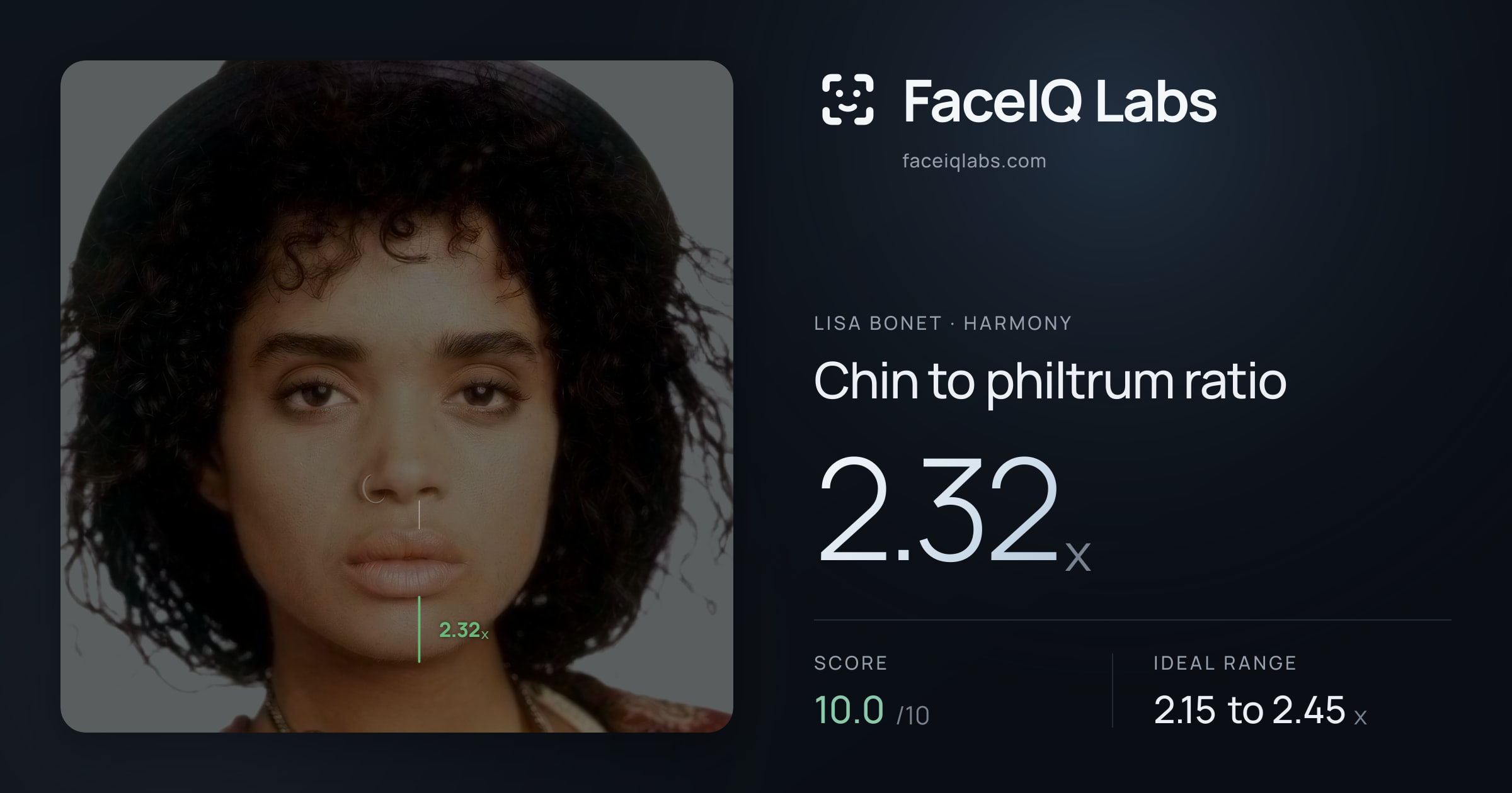 Lisa Bonet Chin to philtrum ratio: 2.32x, drawn on the photo