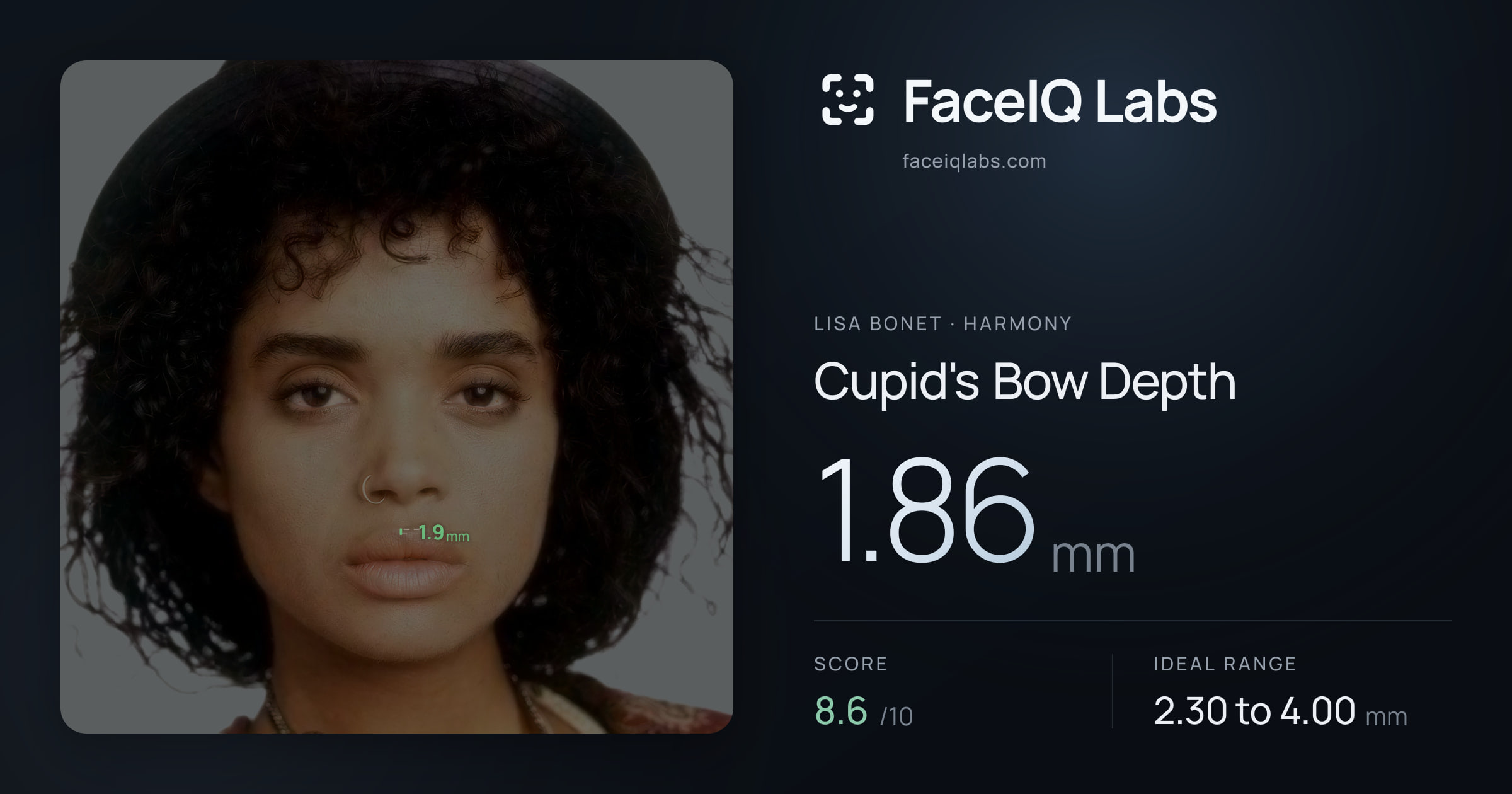 Lisa Bonet Cupid's Bow Depth: 1.86mm, drawn on the photo
