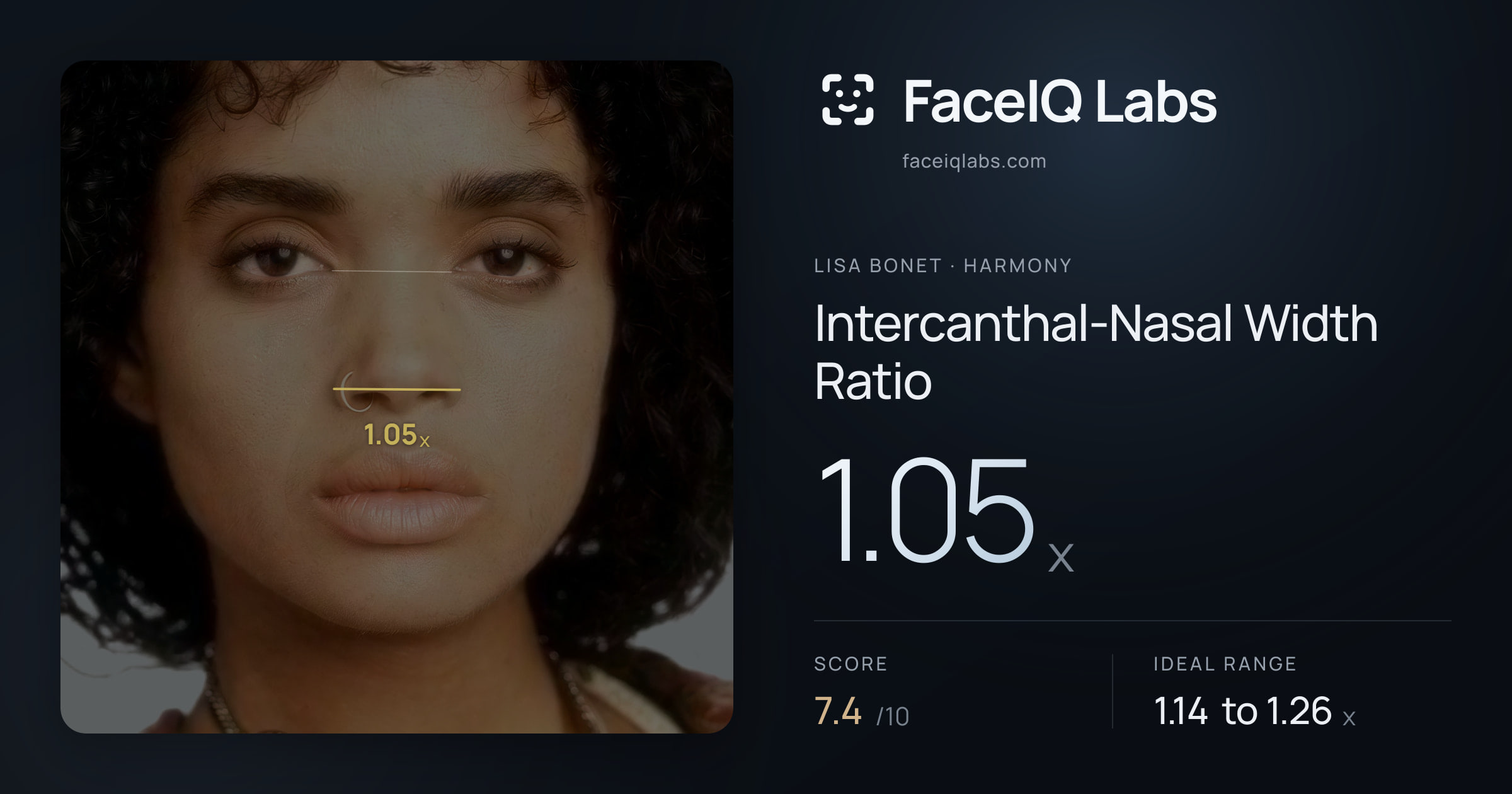 Lisa Bonet Intercanthal-Nasal Width Ratio: 1.05x, drawn on the photo