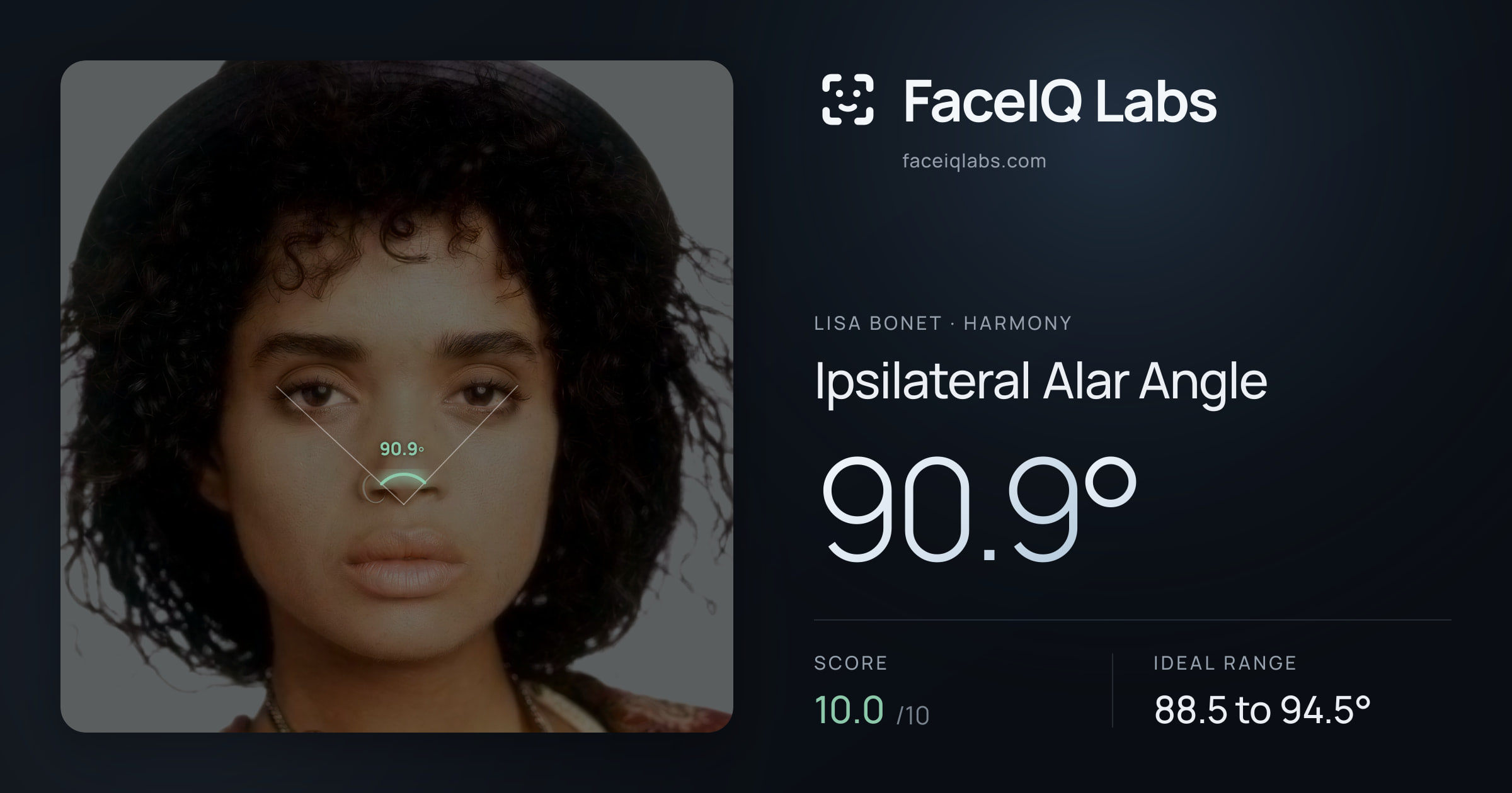 Lisa Bonet Ipsilateral Alar Angle: 90.9°, drawn on the photo