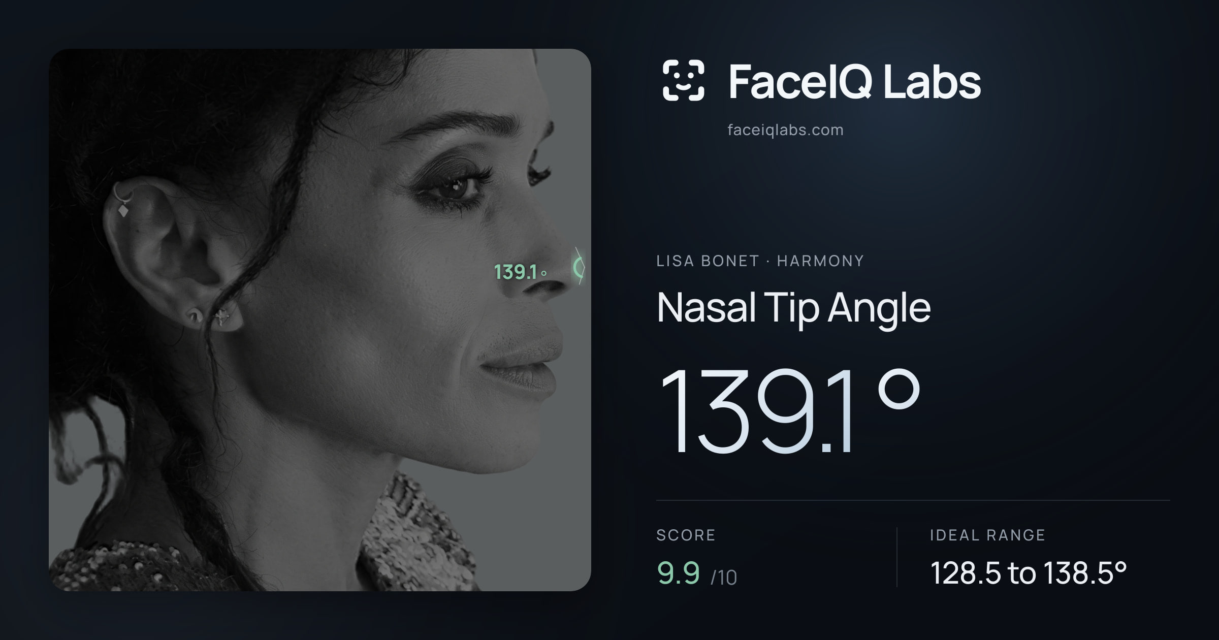 Lisa Bonet Nasal Tip Angle: 139.1°, drawn on the photo