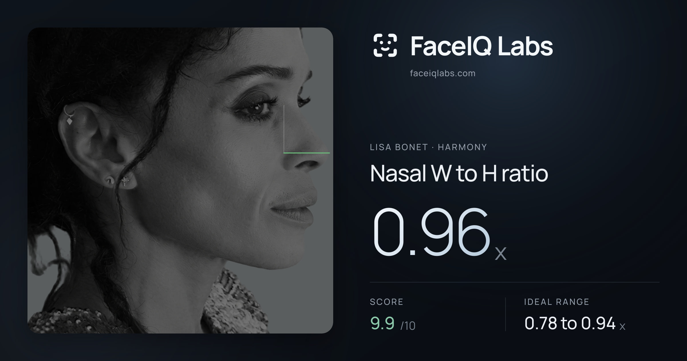 Lisa Bonet Nasal W to H ratio: 0.96x, drawn on the photo