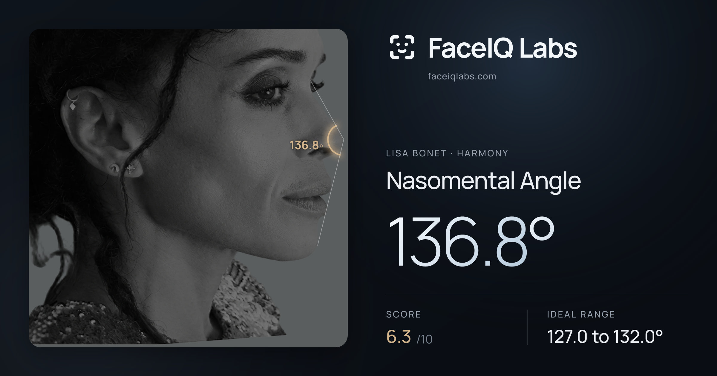 Lisa Bonet Nasomental Angle: 136.8°, drawn on the photo