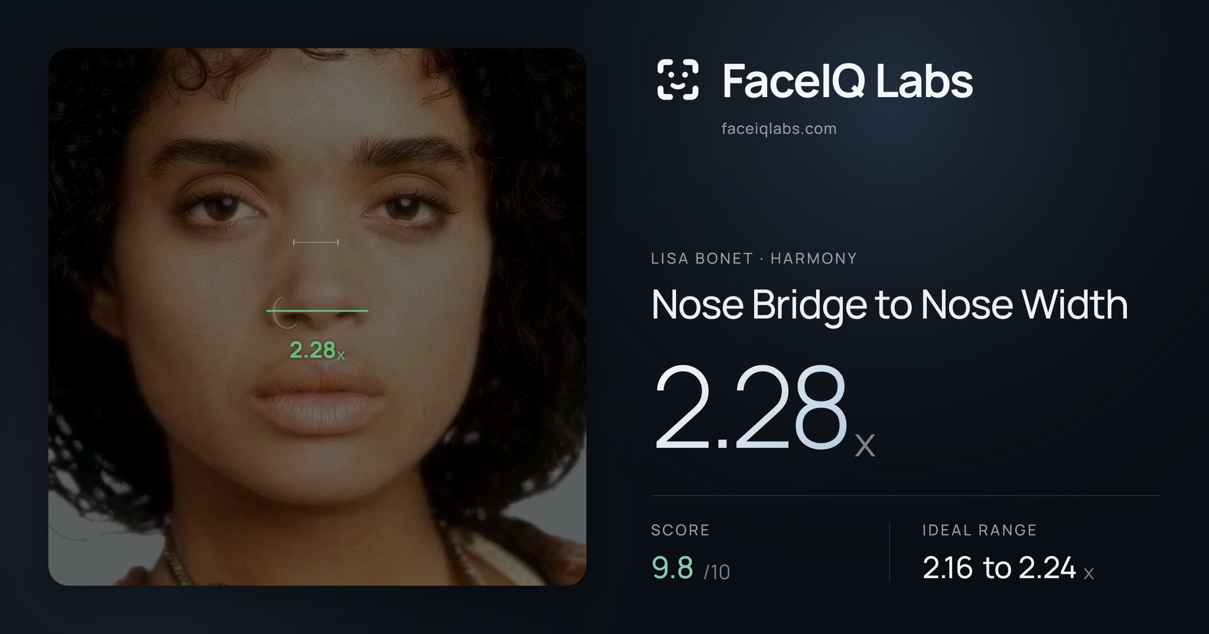 Lisa Bonet Nose Bridge to Nose Width: 2.28x, drawn on the photo