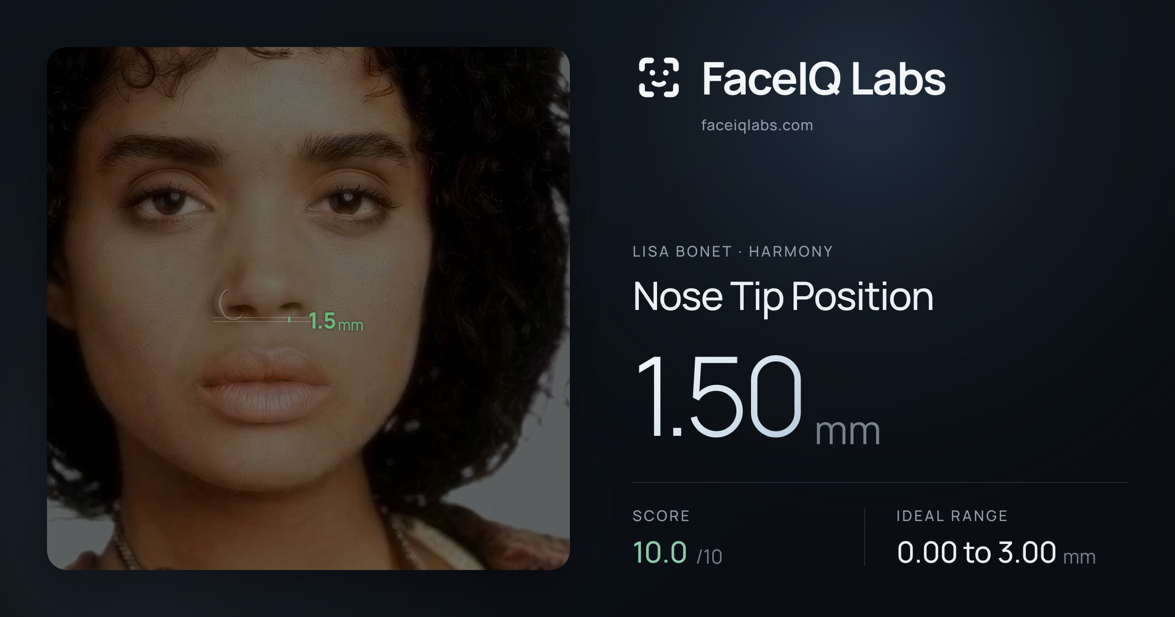 Lisa Bonet Nose Tip Position: 1.50mm, drawn on the photo