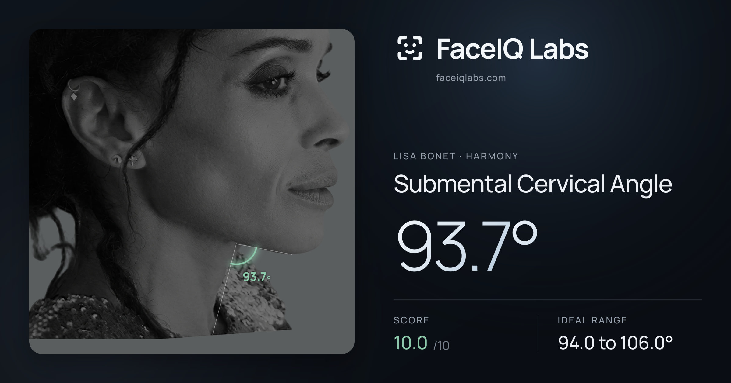 Lisa Bonet Submental Cervical Angle: 93.7°, drawn on the photo