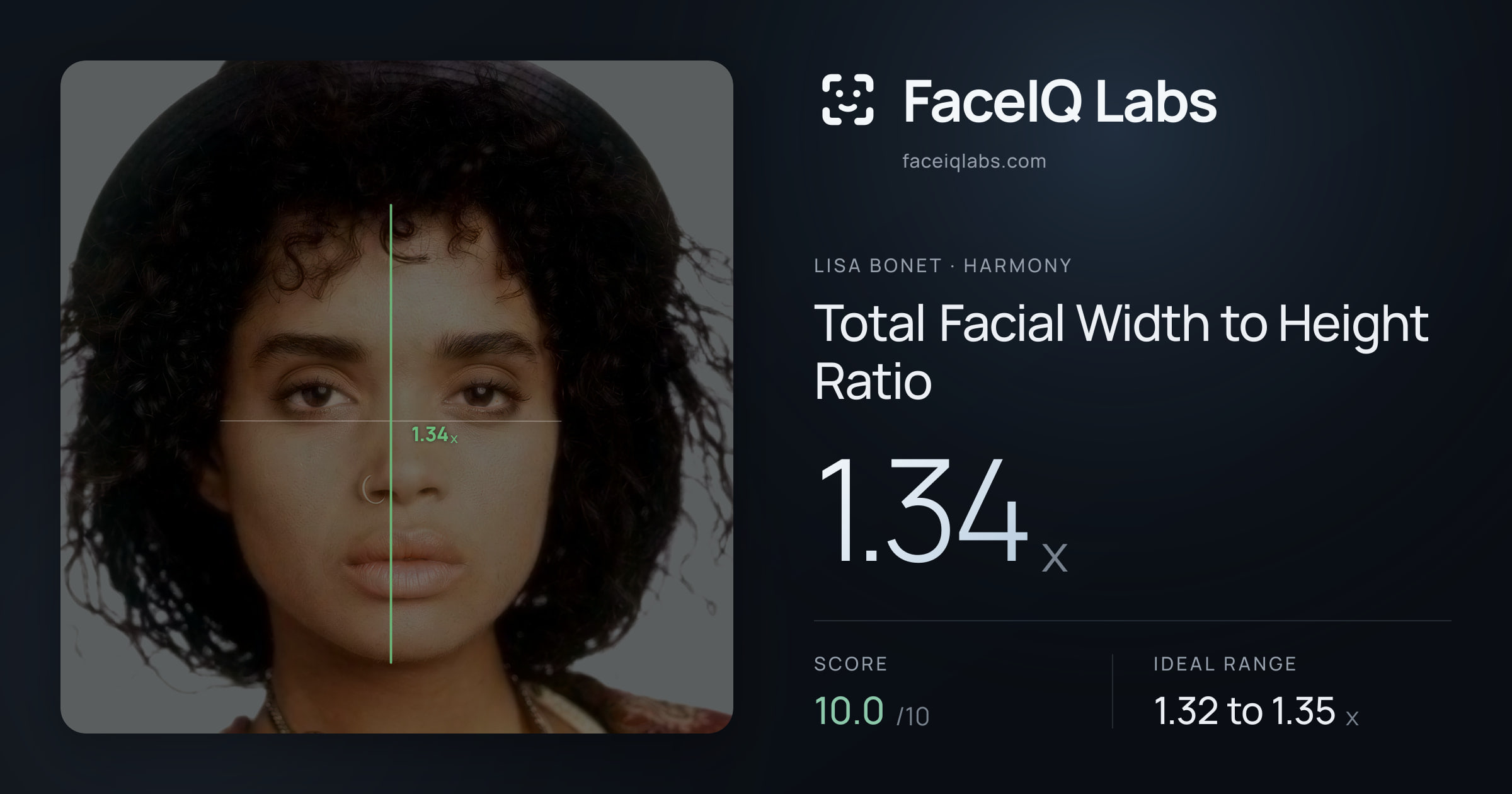 Lisa Bonet Total Facial Width to Height Ratio: 1.34x, drawn on the photo