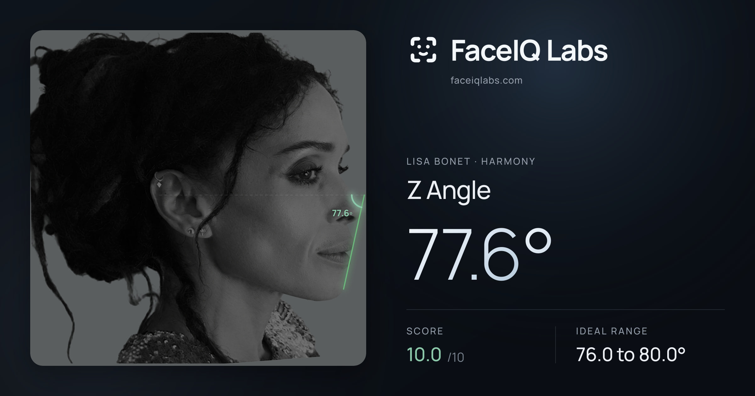 Lisa Bonet Z Angle: 77.6°, drawn on the photo