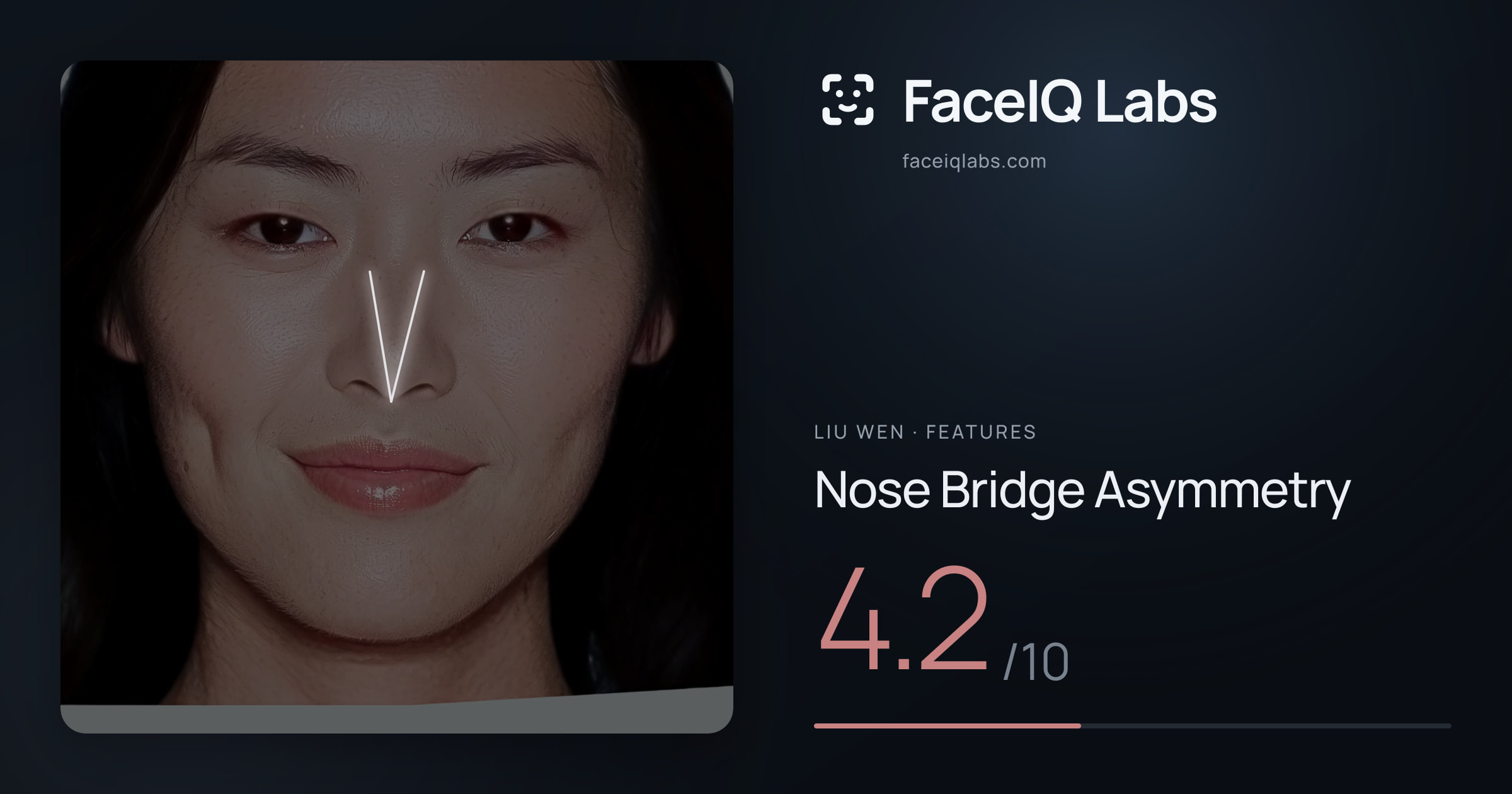 Liu Wen Nose Bridge Asymmetry: 4.2/10, drawn on the photo