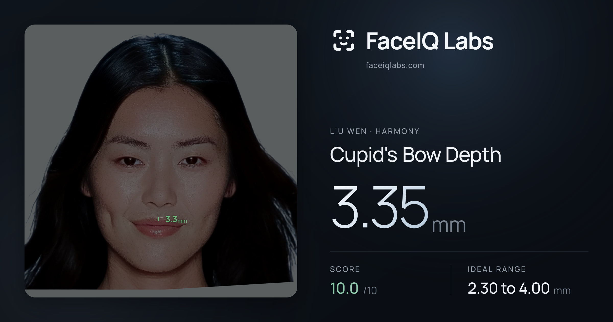 Liu Wen Cupid's Bow Depth: 3.35mm, drawn on the photo