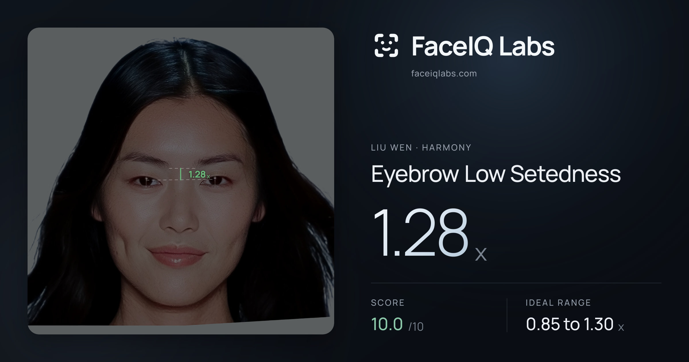 Liu Wen Eyebrow Low Setedness: 1.28x, drawn on the photo