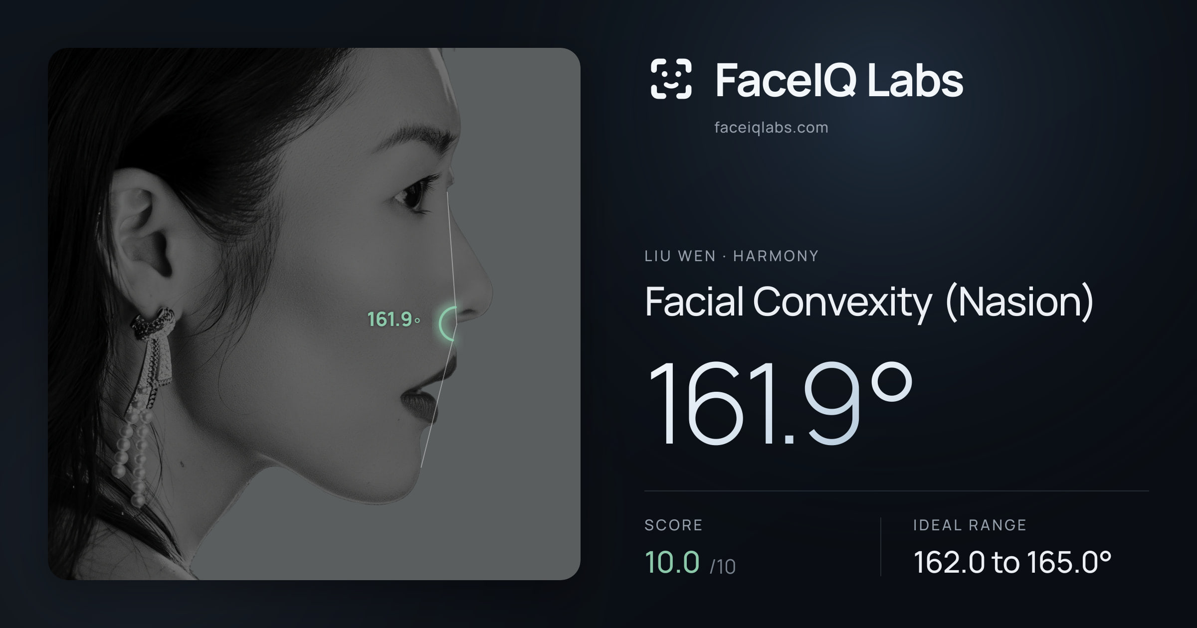 Liu Wen Facial Convexity (Nasion): 161.9°, drawn on the photo