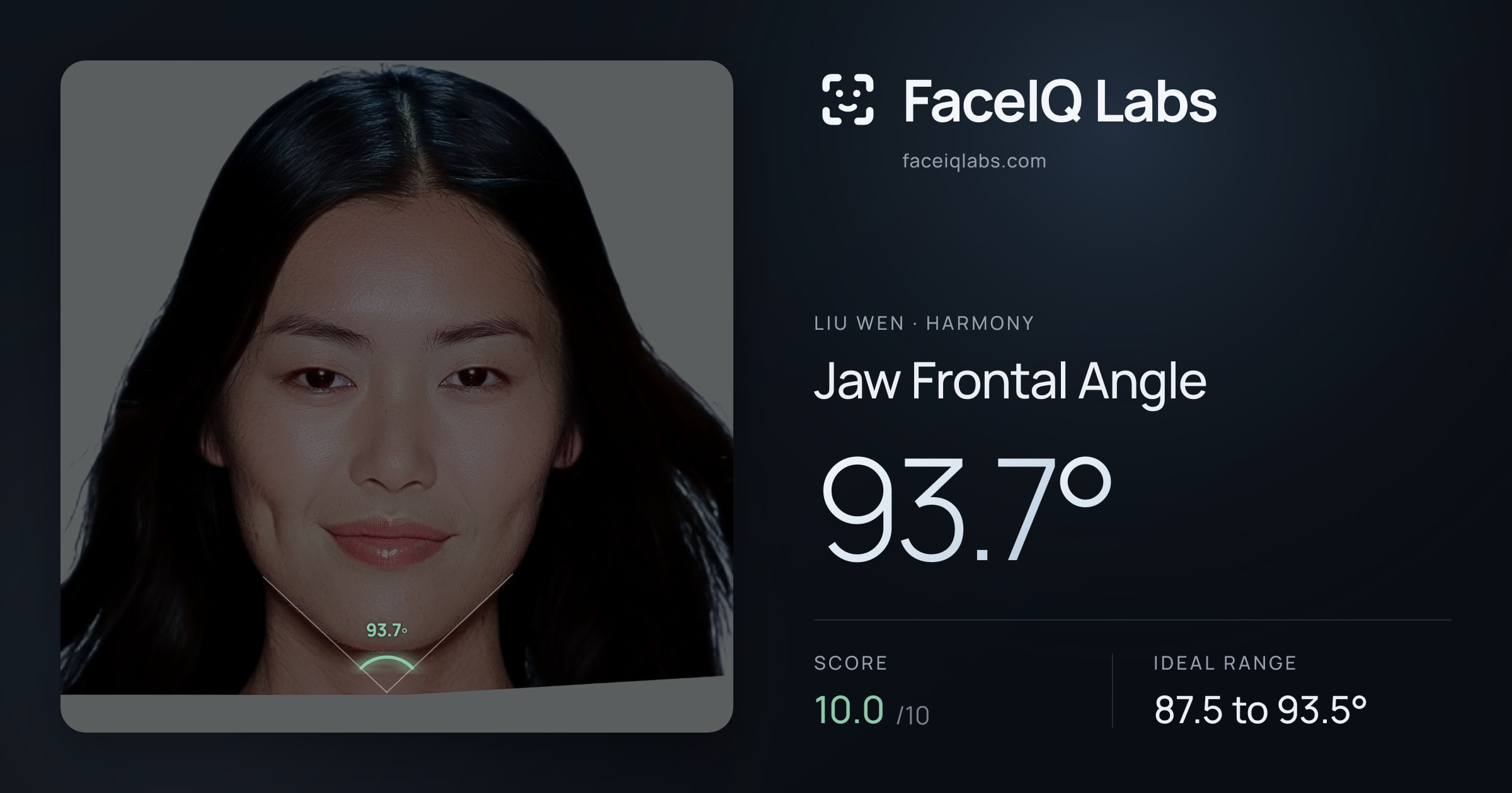 Liu Wen Jaw Frontal Angle: 93.7°, drawn on the photo