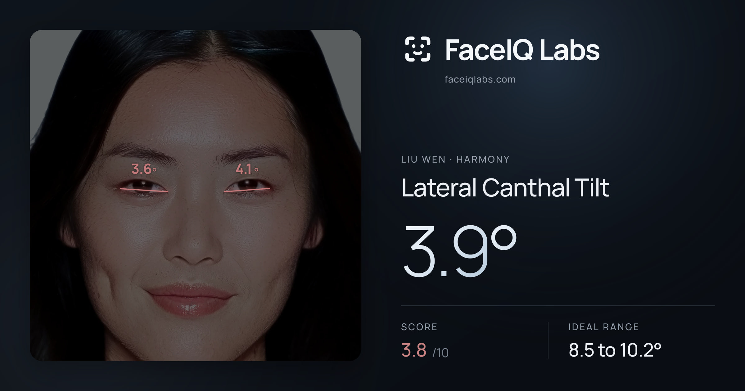 Liu Wen Lateral Canthal Tilt: 3.9°, drawn on the photo