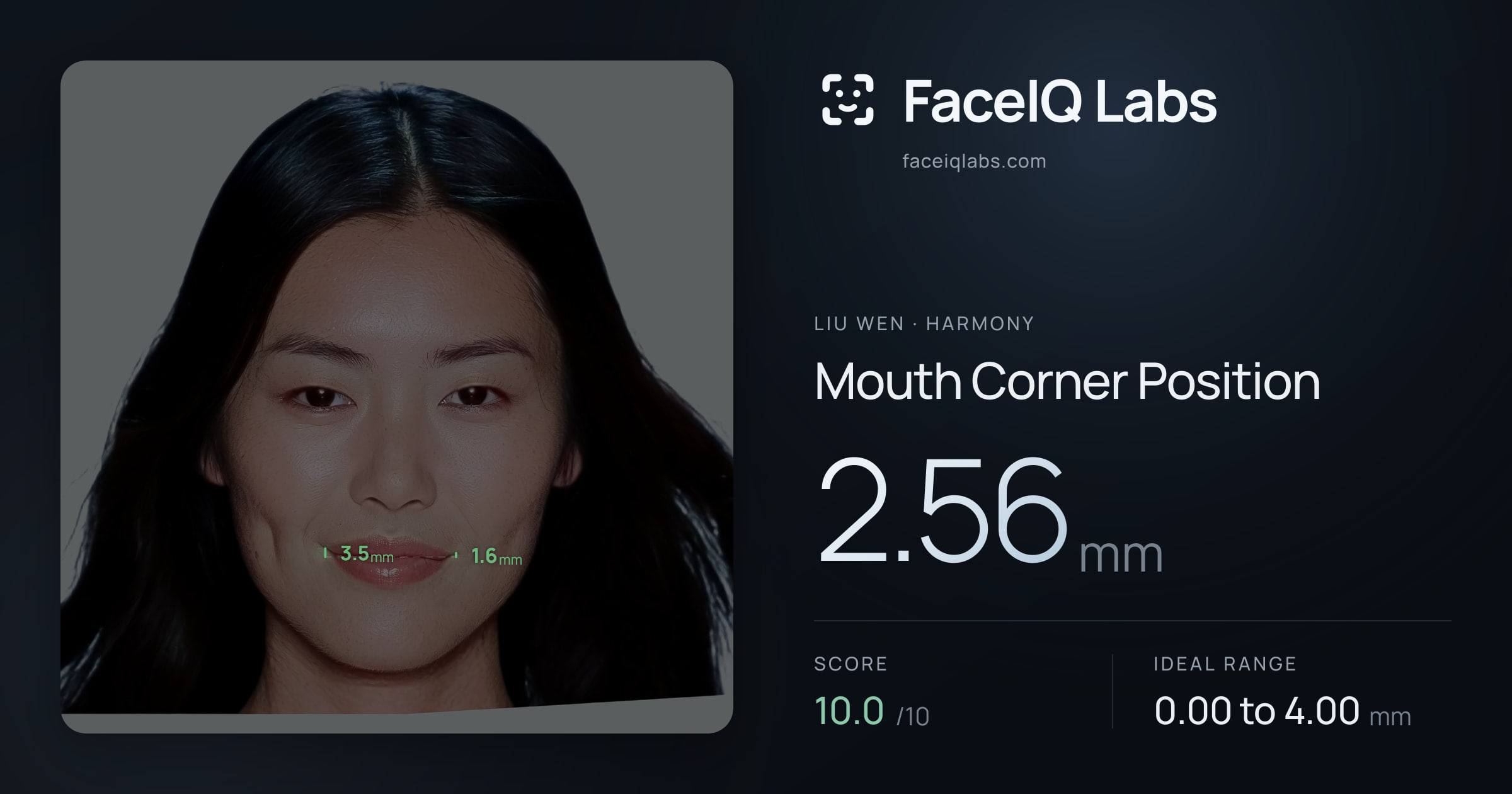 Liu Wen Mouth Corner Position: 2.56mm, drawn on the photo
