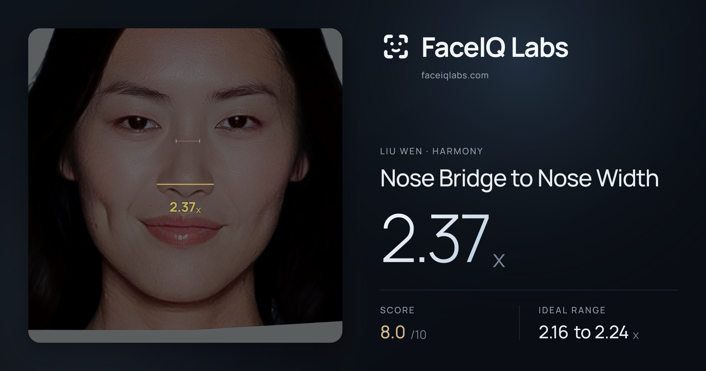 Liu Wen Nose Bridge to Nose Width: 2.37x, drawn on the photo