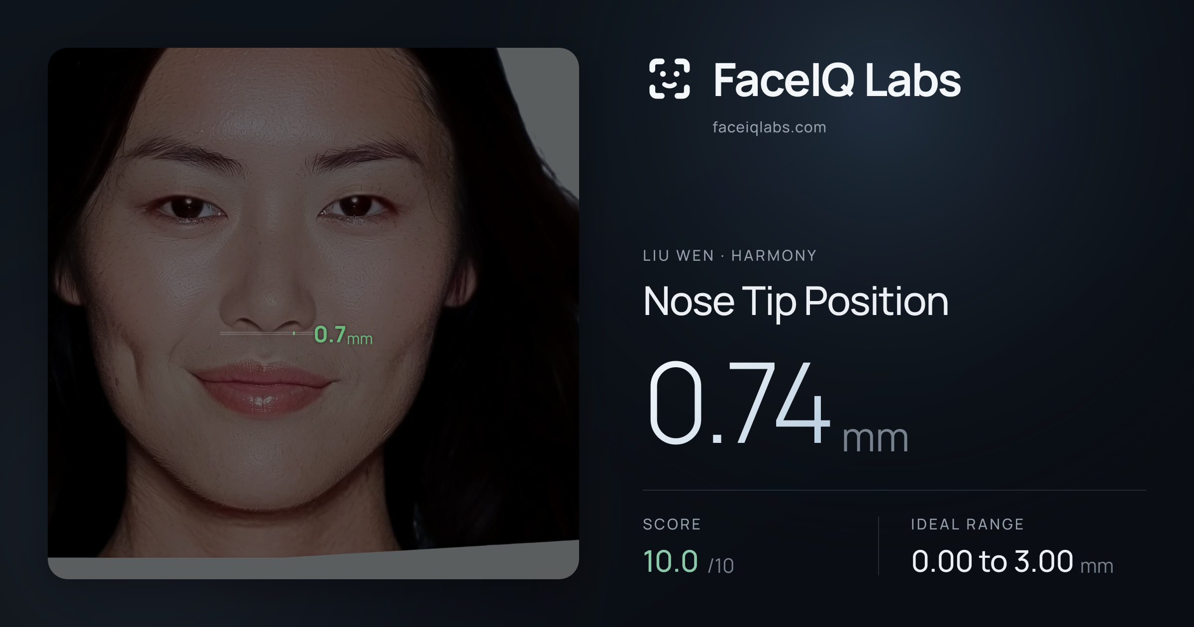 Liu Wen Nose Tip Position: 0.74mm, drawn on the photo