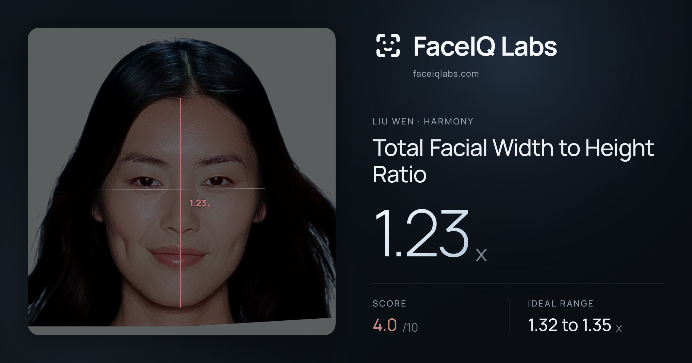 Liu Wen Total Facial Width to Height Ratio: 1.23x, drawn on the photo