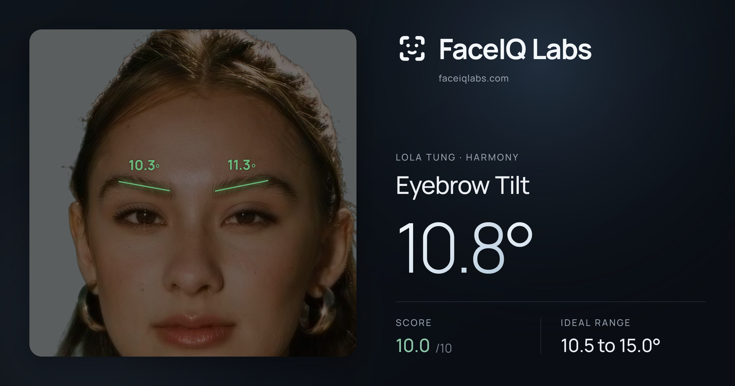 Lola Tung Eyebrow Tilt: 10.8°, drawn on the photo