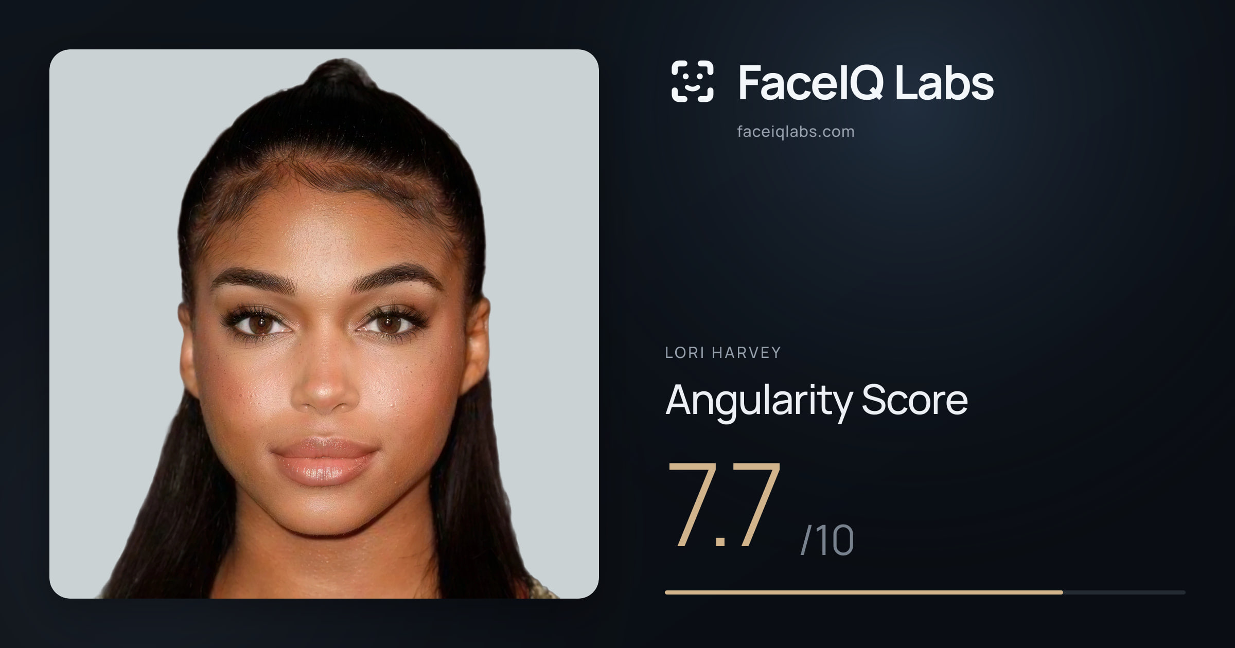 Lori Harvey Angularity: 7.7/10, with each assessment drawn on the photo