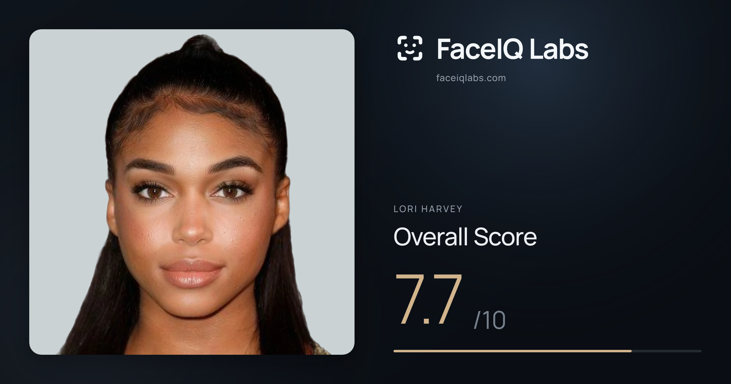 Lori Harvey face rating: 7.7/10, with each section's score