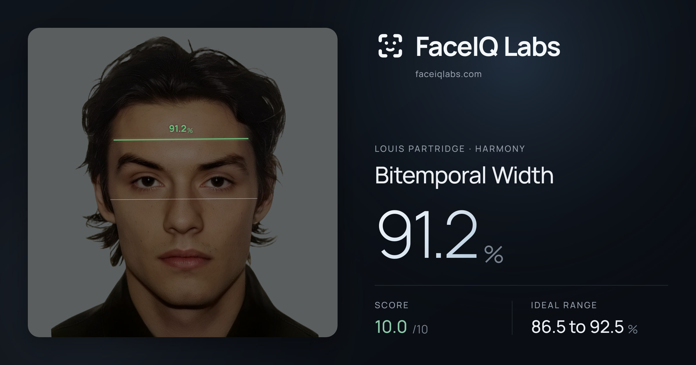 Louis Partridge Bitemporal Width: 91.2%, drawn on the photo
