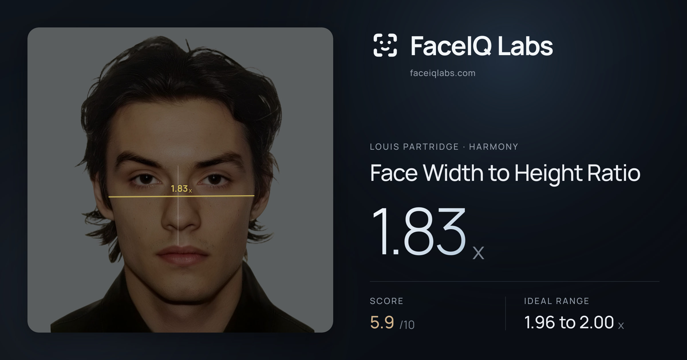 Louis Partridge Face Width to Height Ratio: 1.83x, drawn on the photo