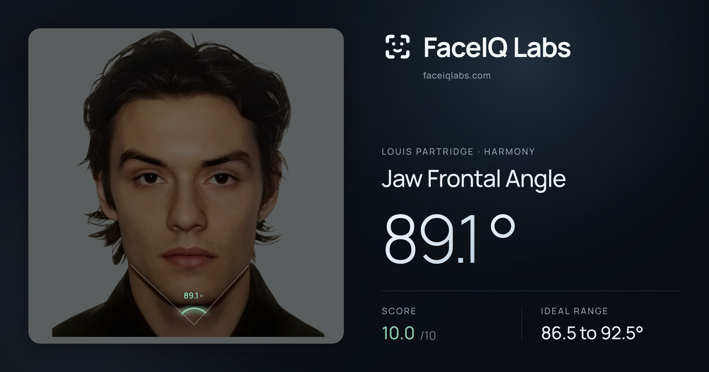 Louis Partridge Jaw Frontal Angle: 89.1°, drawn on the photo