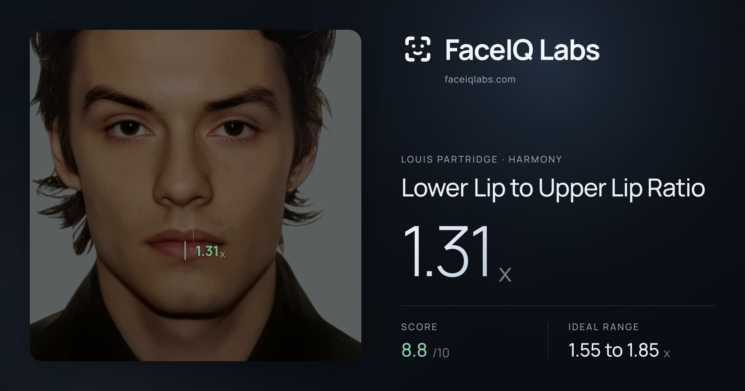 Louis Partridge Lower Lip to Upper Lip Ratio: 1.31x, drawn on the photo