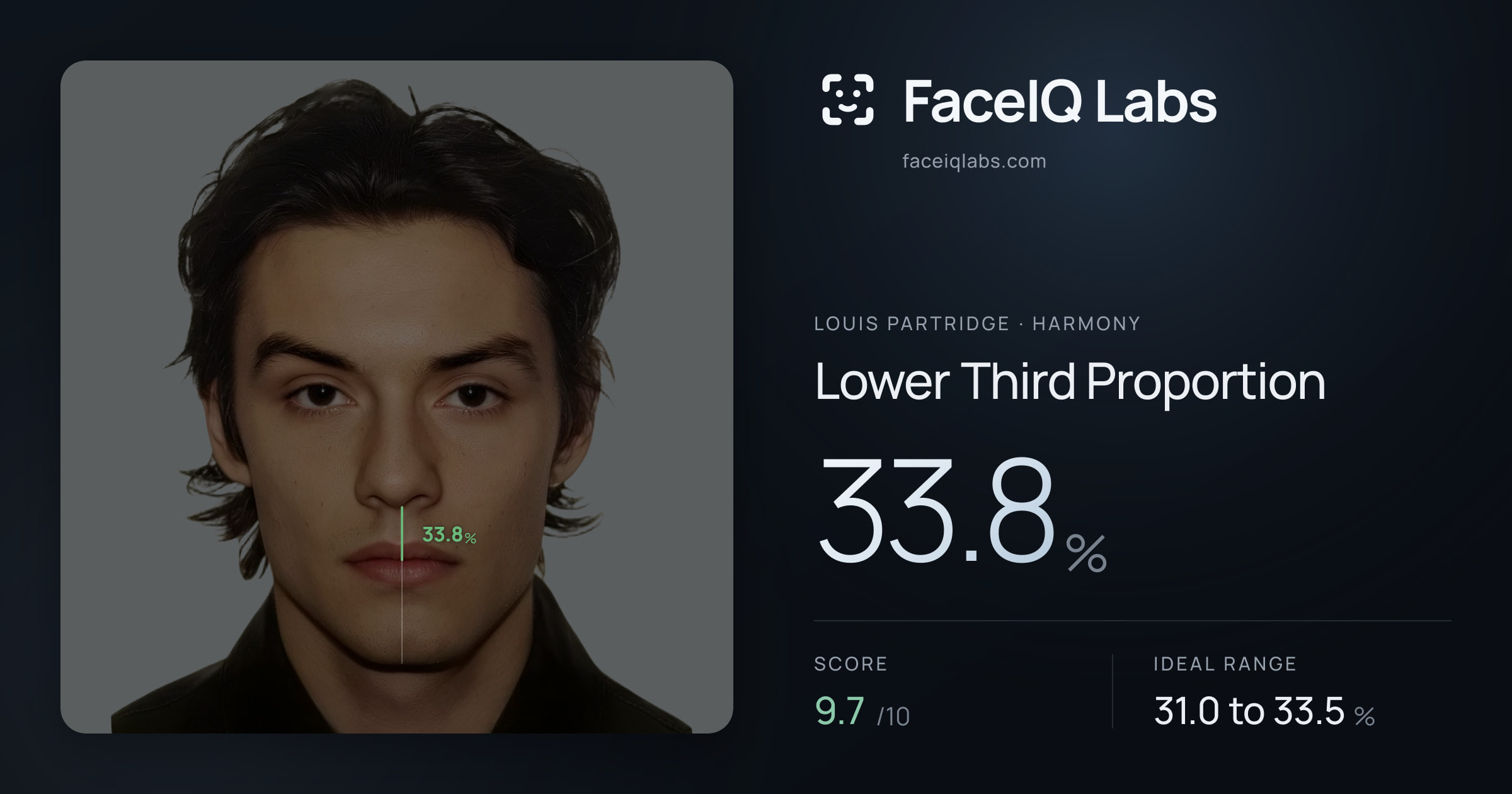 Louis Partridge Lower Third Proportion: 33.8%, drawn on the photo
