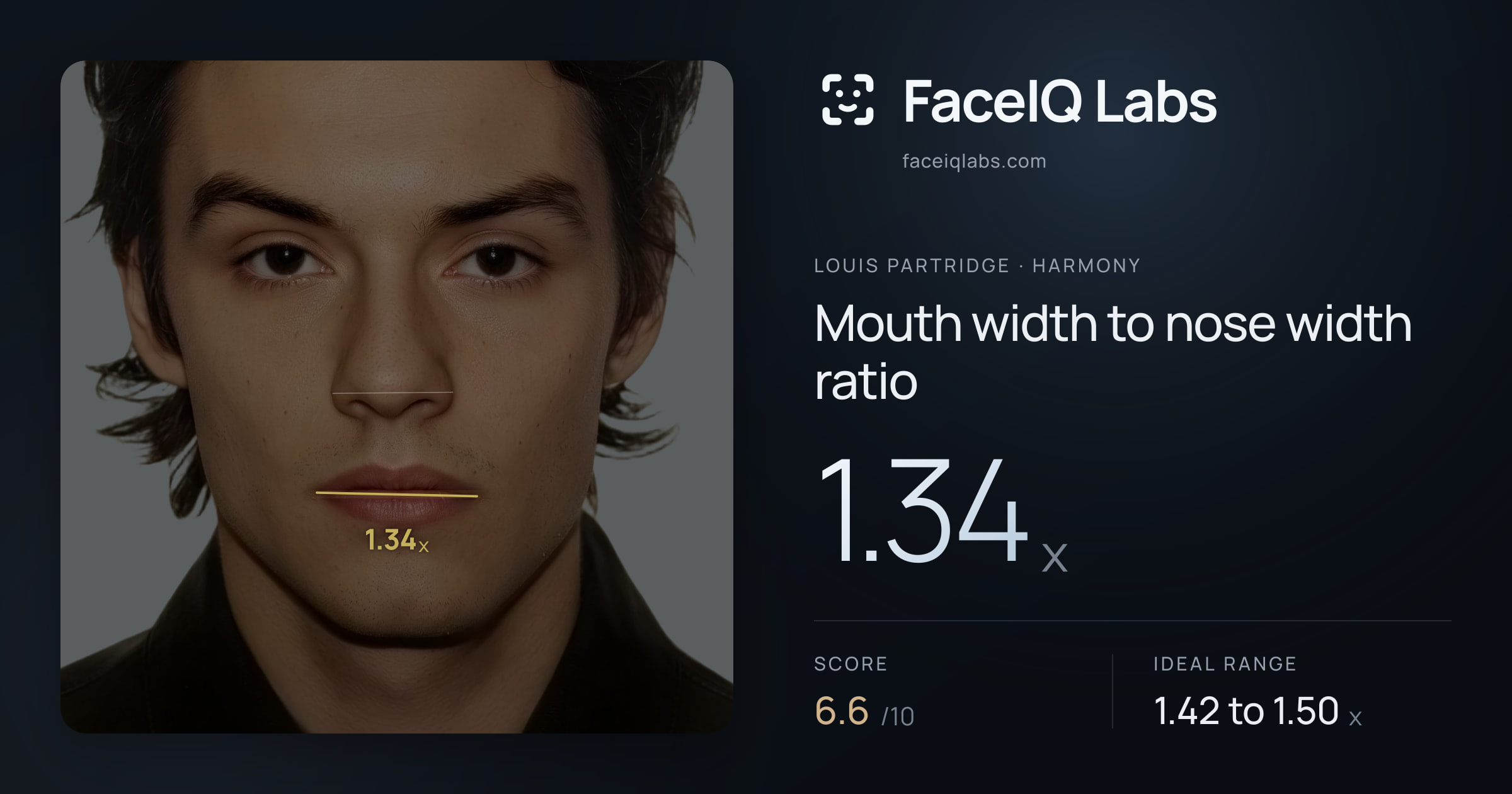 Louis Partridge Mouth width to nose width ratio: 1.34x, drawn on the photo