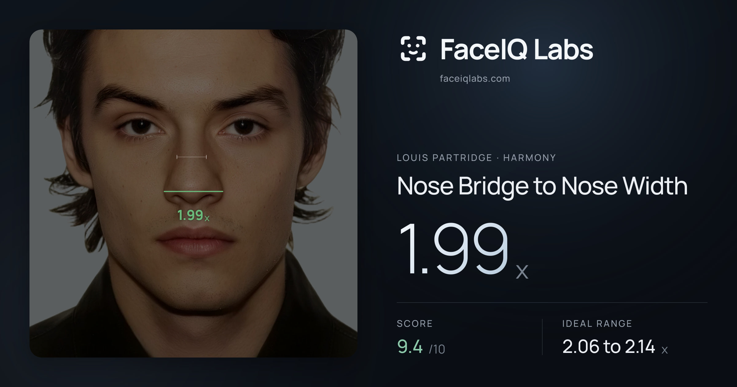 Louis Partridge Nose Bridge to Nose Width: 1.99x, drawn on the photo