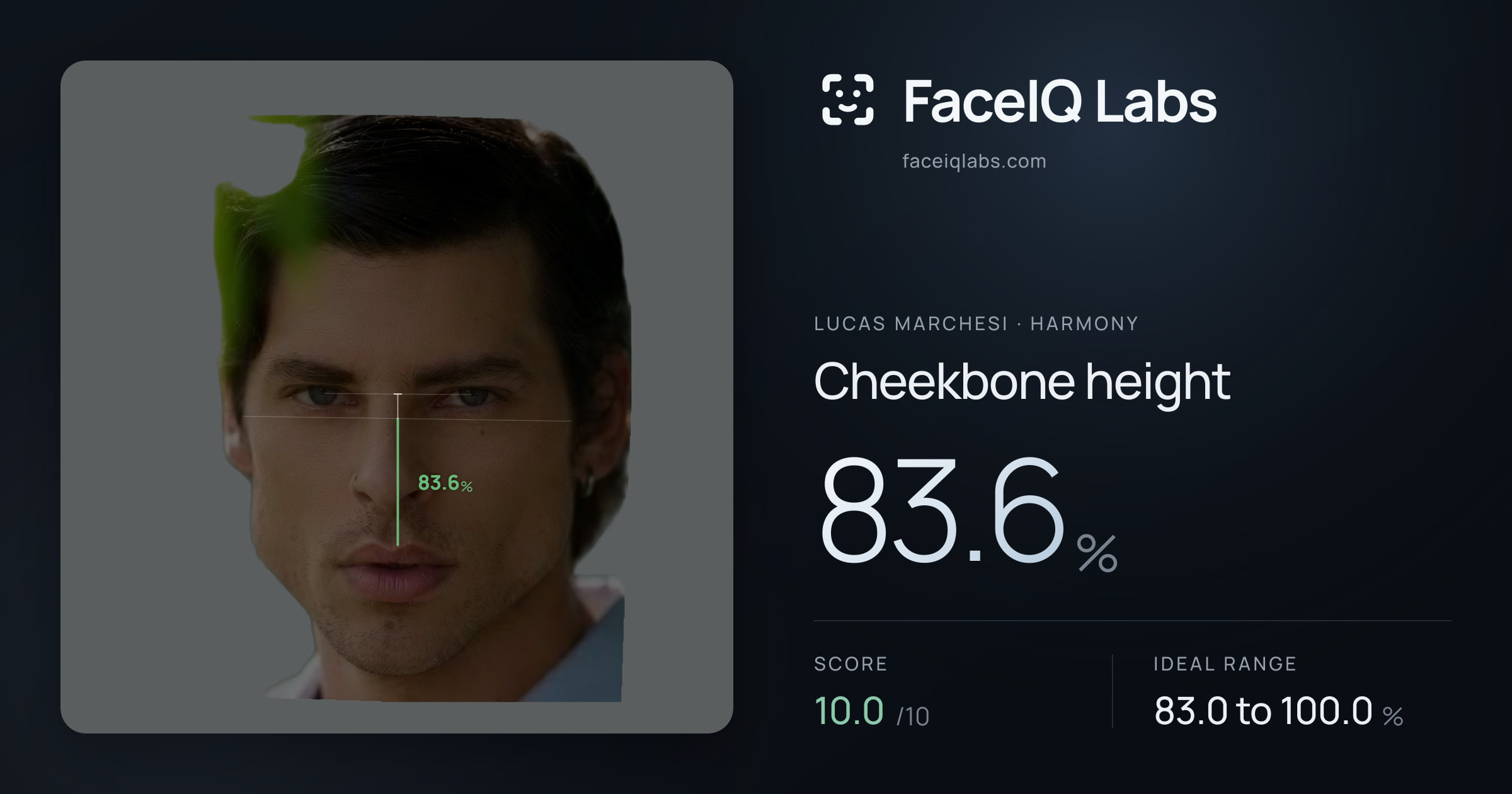 Lucas Marchesi Cheekbone height: 83.6%, drawn on the photo