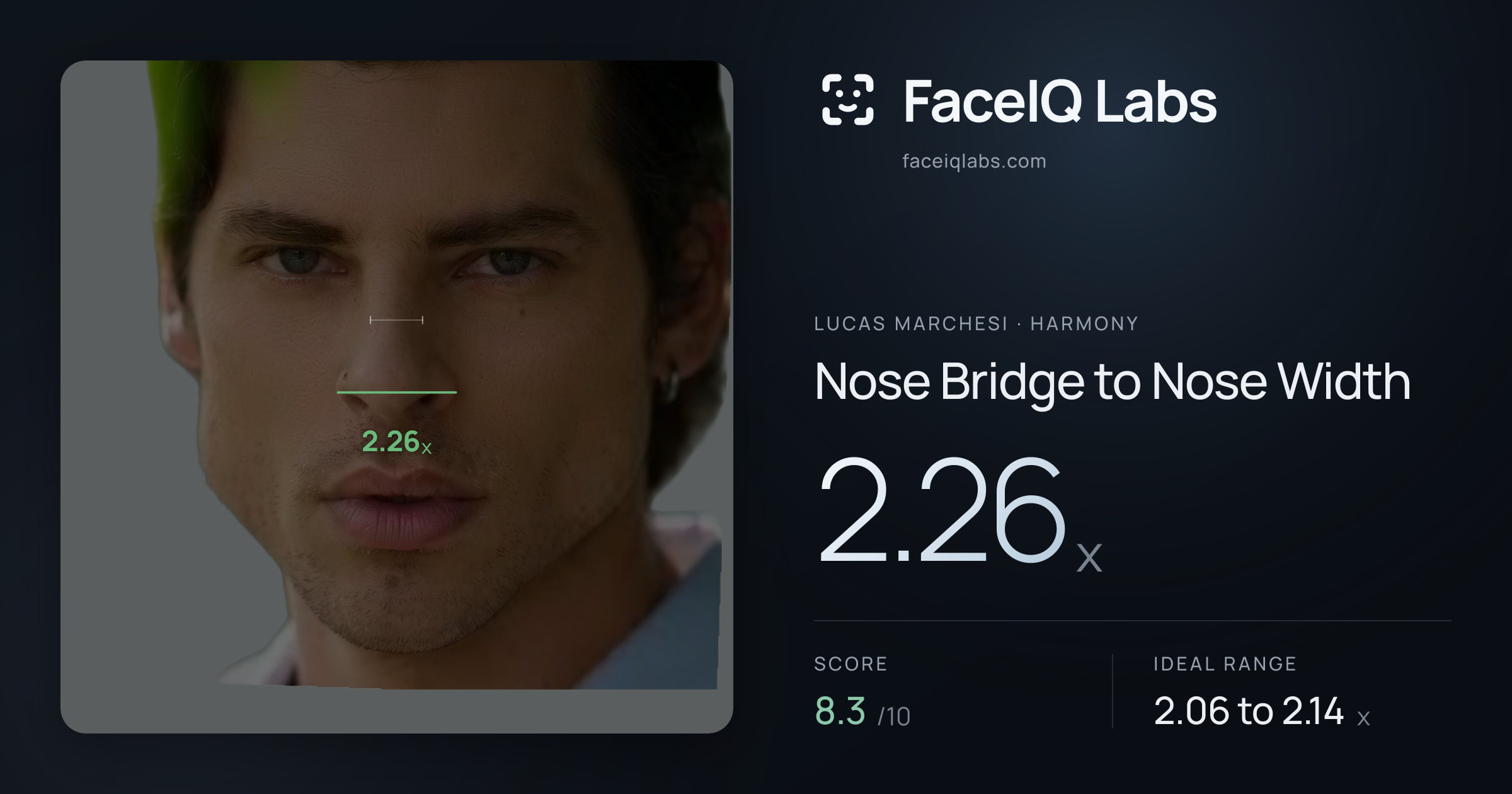 Lucas Marchesi Nose Bridge to Nose Width: 2.26x, drawn on the photo