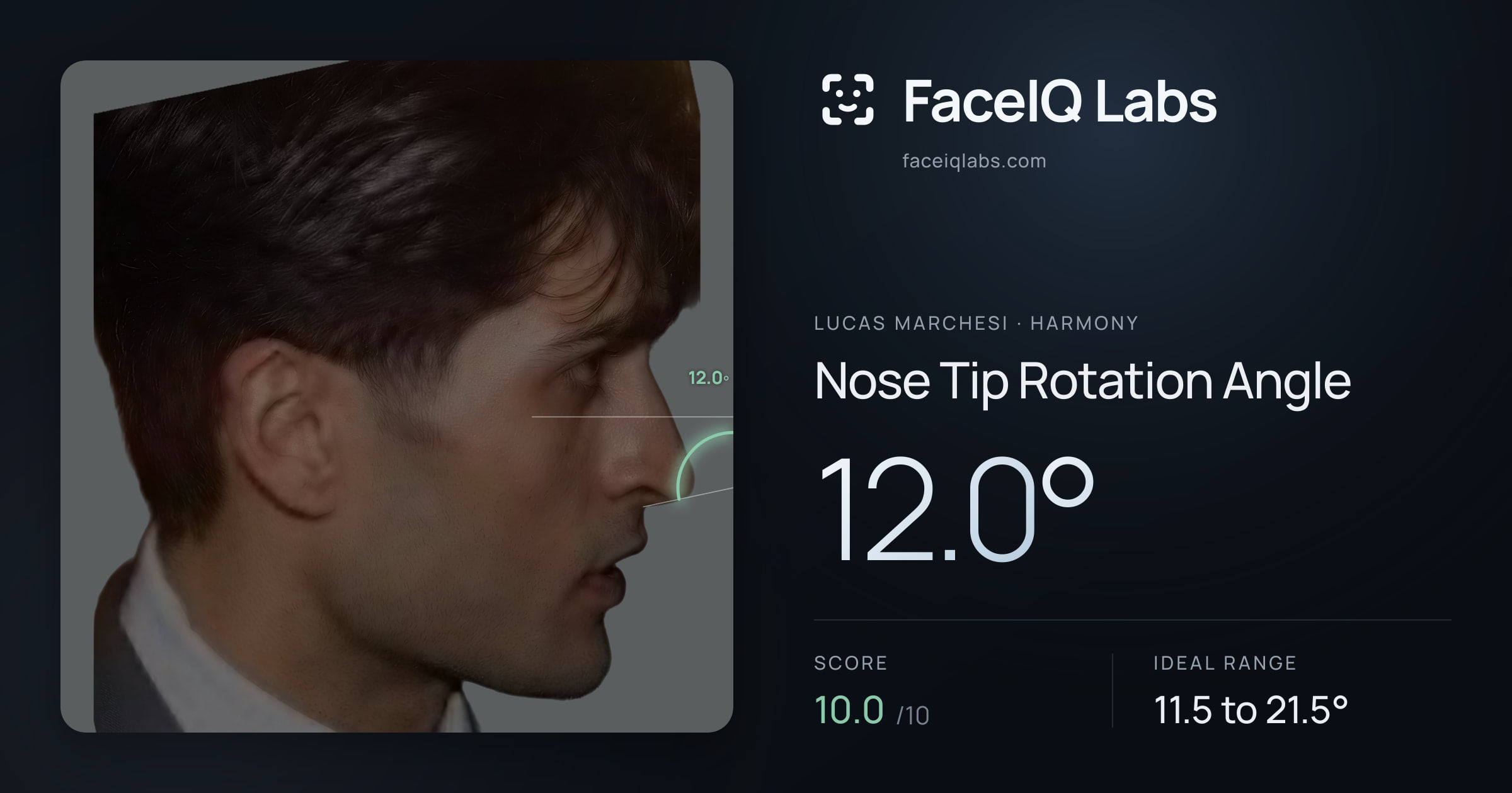 Lucas Marchesi Nose Tip Rotation Angle: 12.0°, drawn on the photo
