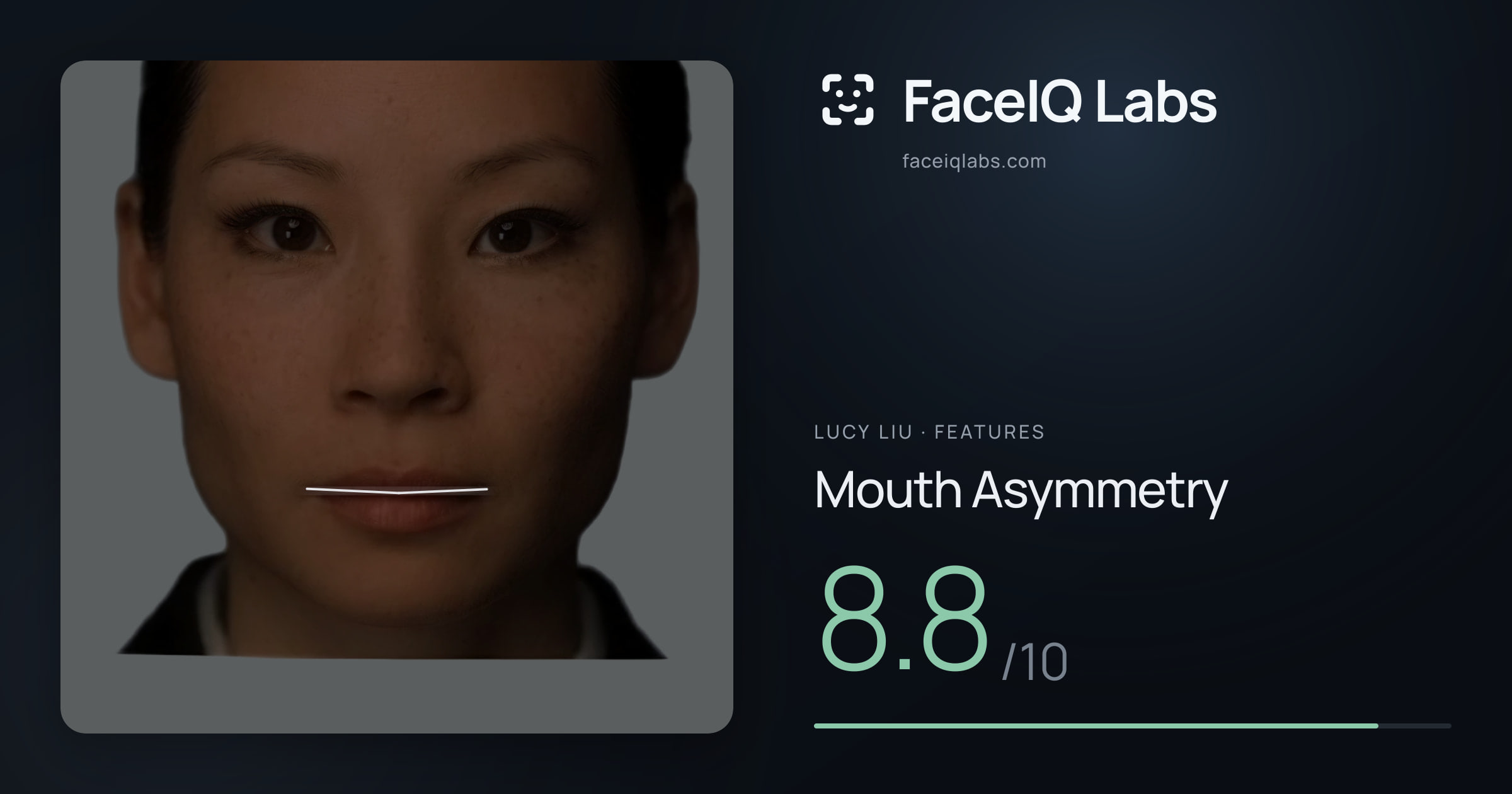 Lucy Liu Mouth Asymmetry: 8.8/10, drawn on the photo
