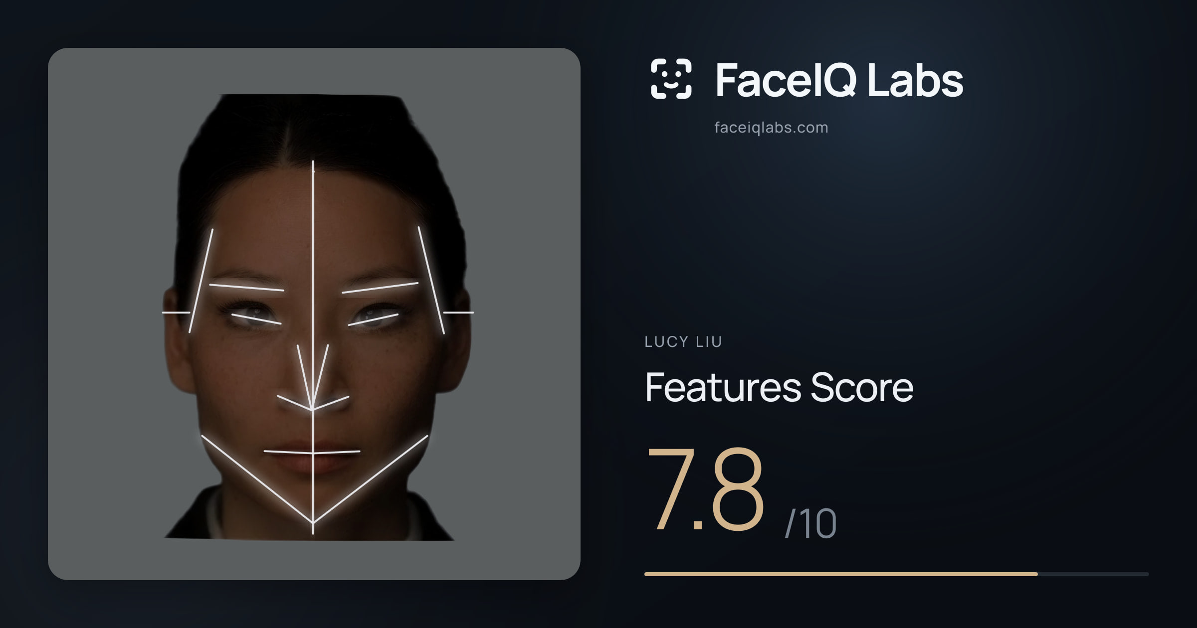 Lucy Liu Features: 7.8/10, with each assessment drawn on the photo