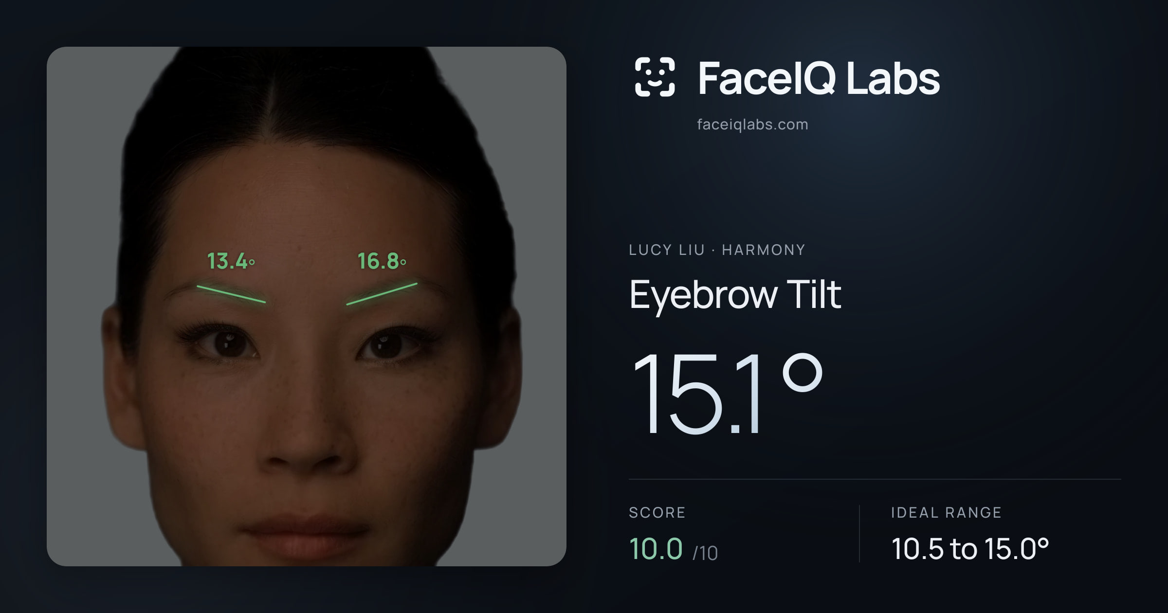 Lucy Liu Eyebrow Tilt: 15.1°, drawn on the photo