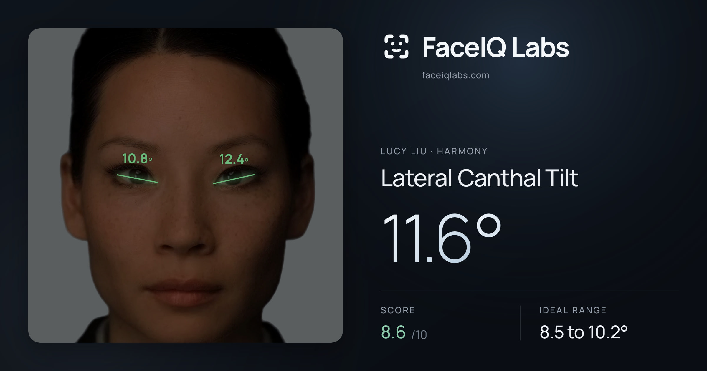 Lucy Liu Lateral Canthal Tilt: 11.6°, drawn on the photo