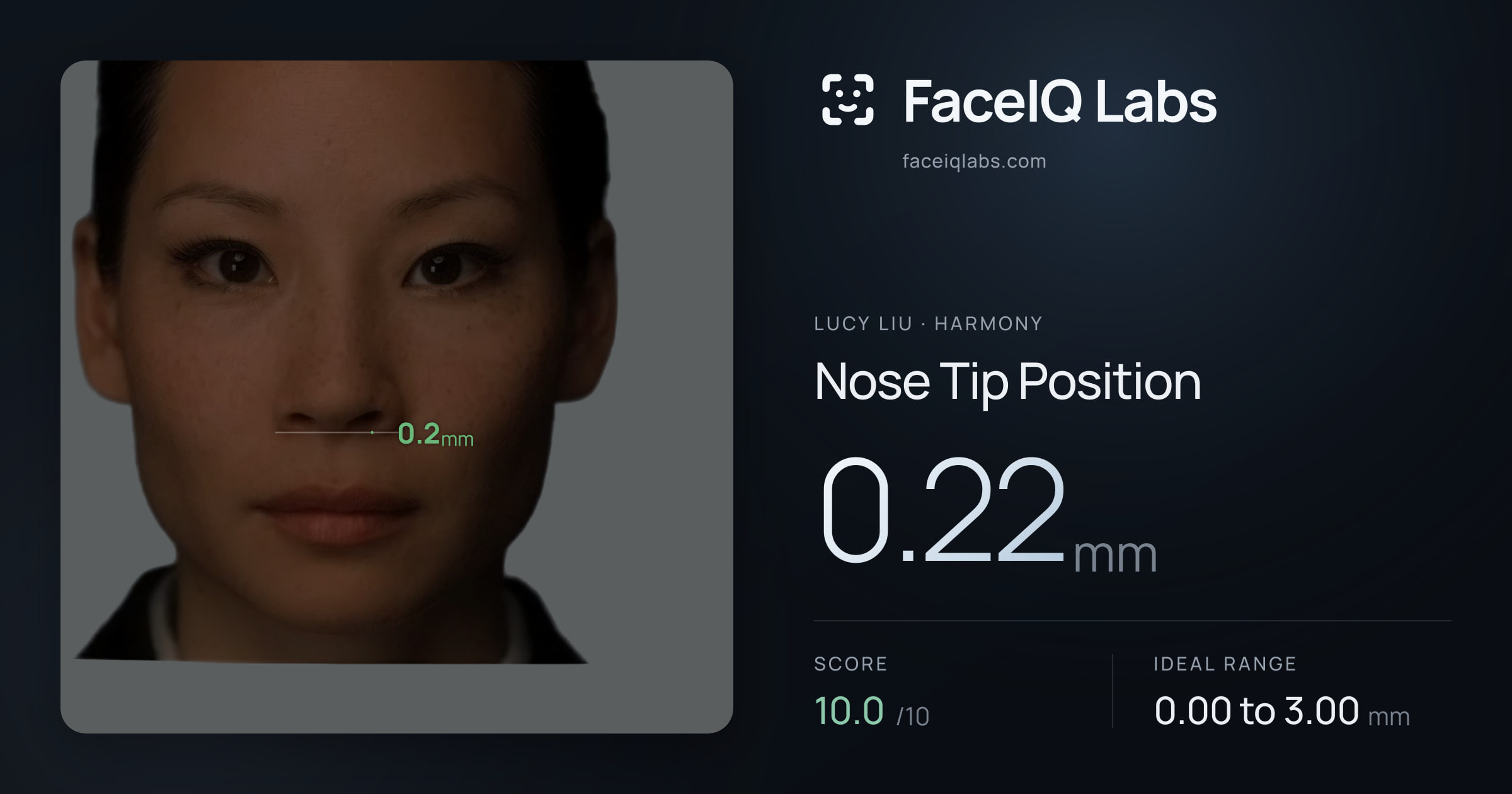 Lucy Liu Nose Tip Position: 0.22mm, drawn on the photo