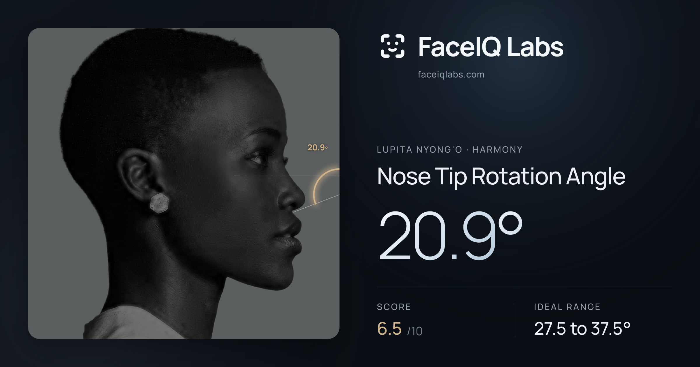 Lupita Nyong’o Nose Tip Rotation Angle: 20.9°, drawn on the photo