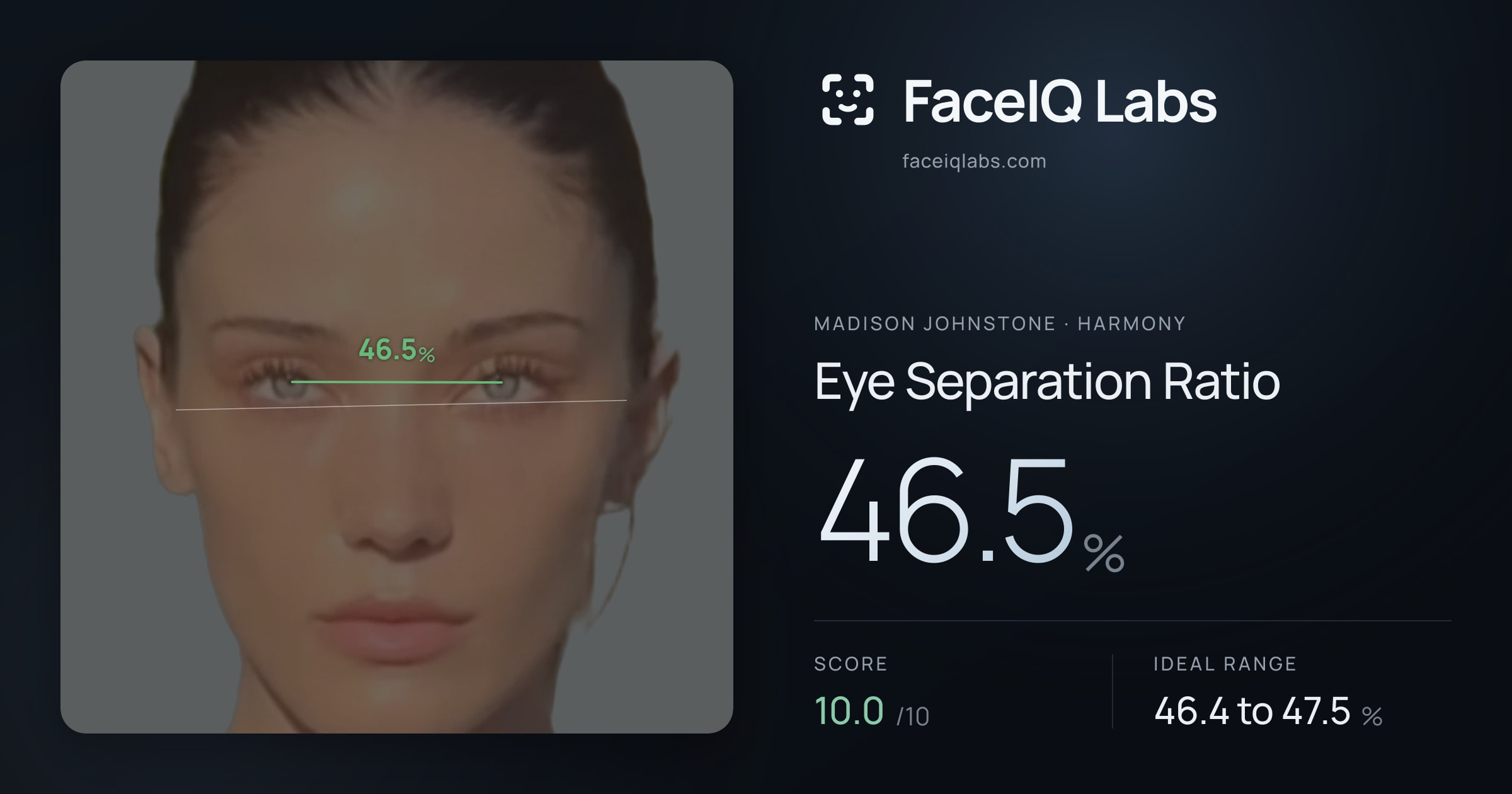 Madison Johnstone Eye Separation Ratio: 46.5%, drawn on the photo