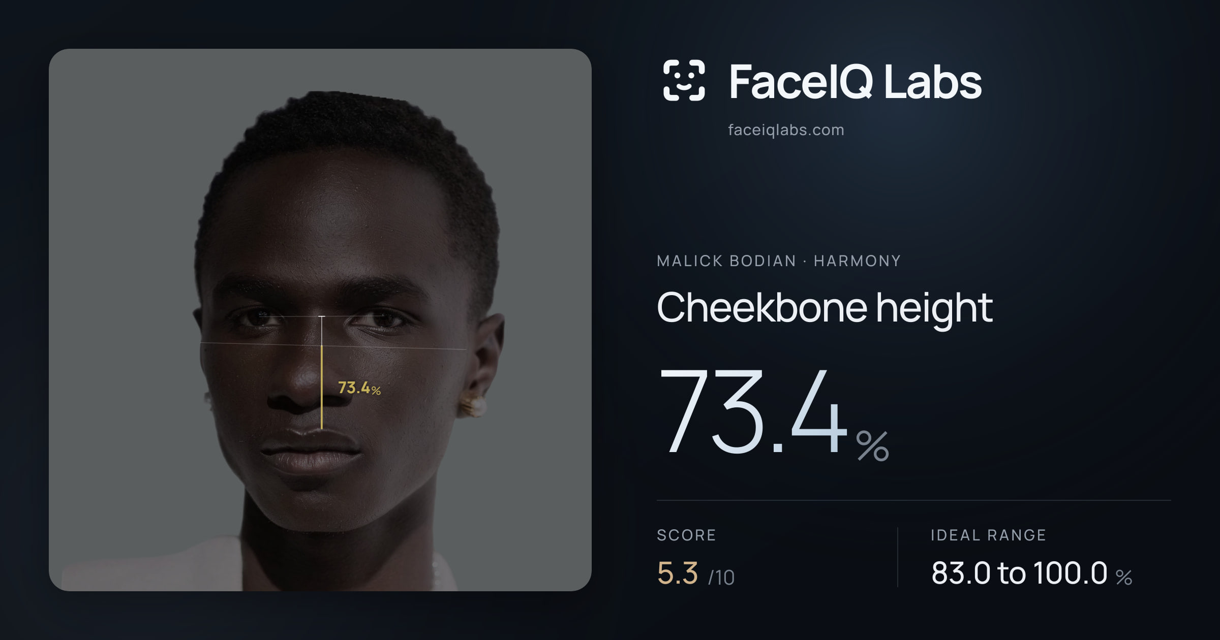 Malick Bodian Cheekbone height: 73.4%, drawn on the photo