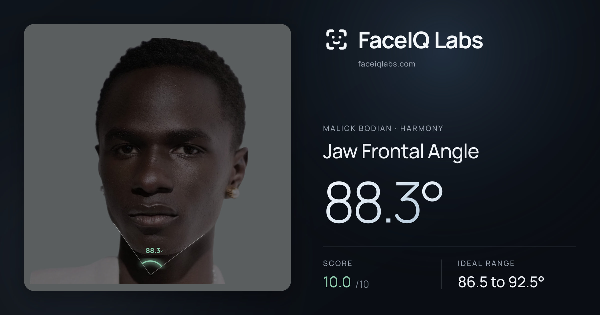 Malick Bodian Jaw Frontal Angle: 88.3°, drawn on the photo