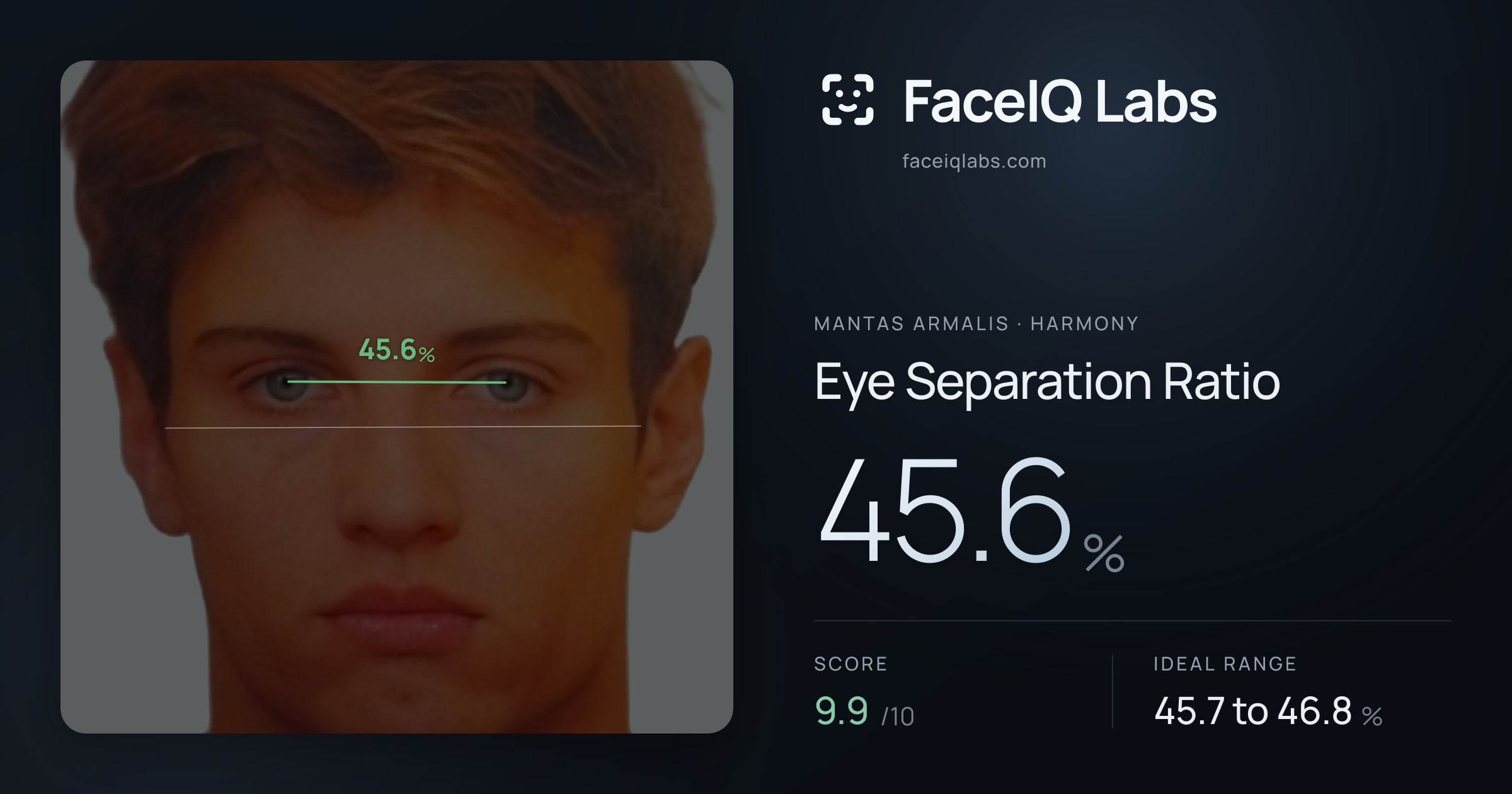 Mantas Armalis Eye Separation Ratio: 45.6%, drawn on the photo